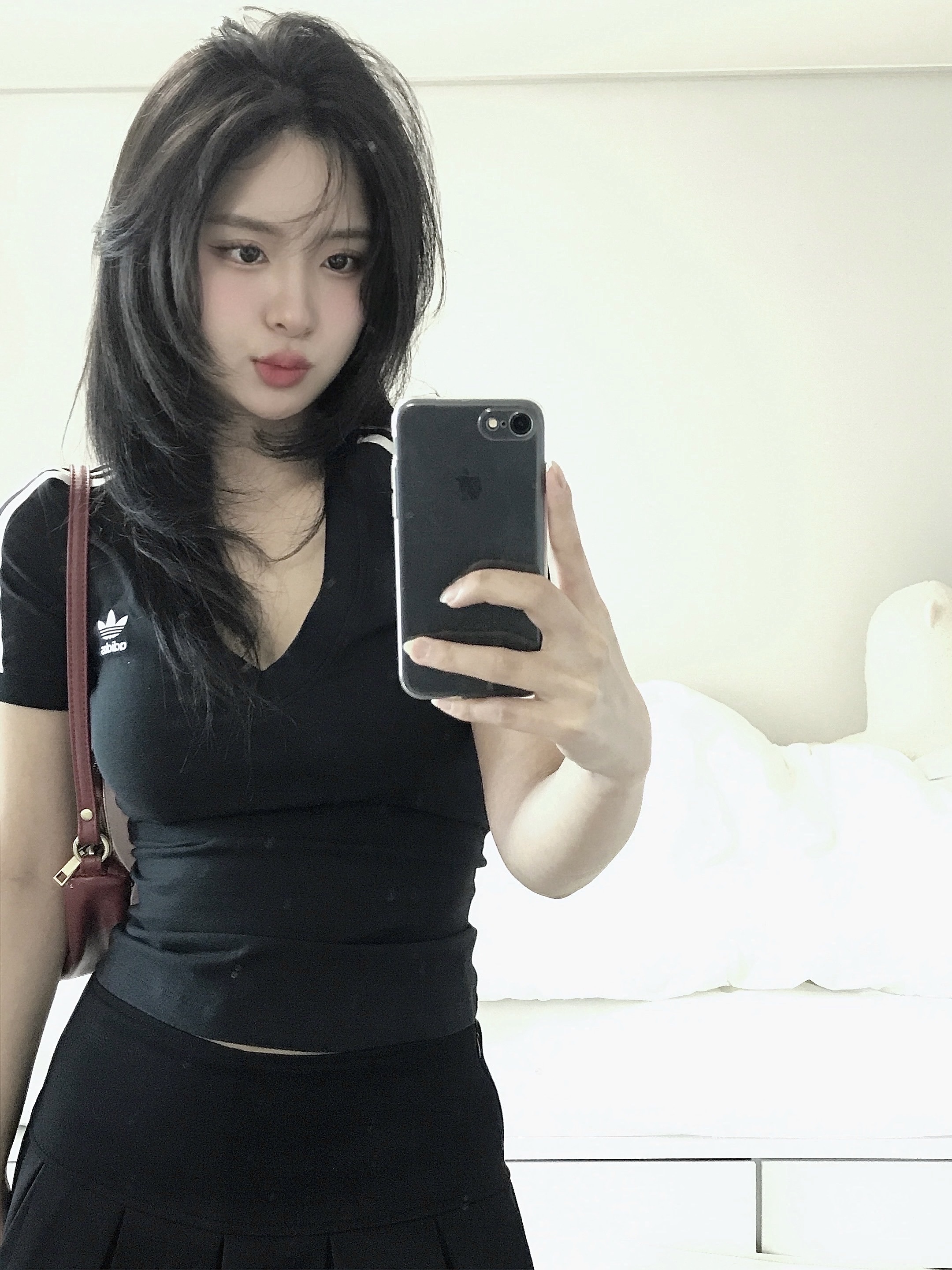 (W) Adidas 3-Stripes V-Neck Slim T-Shirt Black - KR Sizing 착용 스타일 - 3