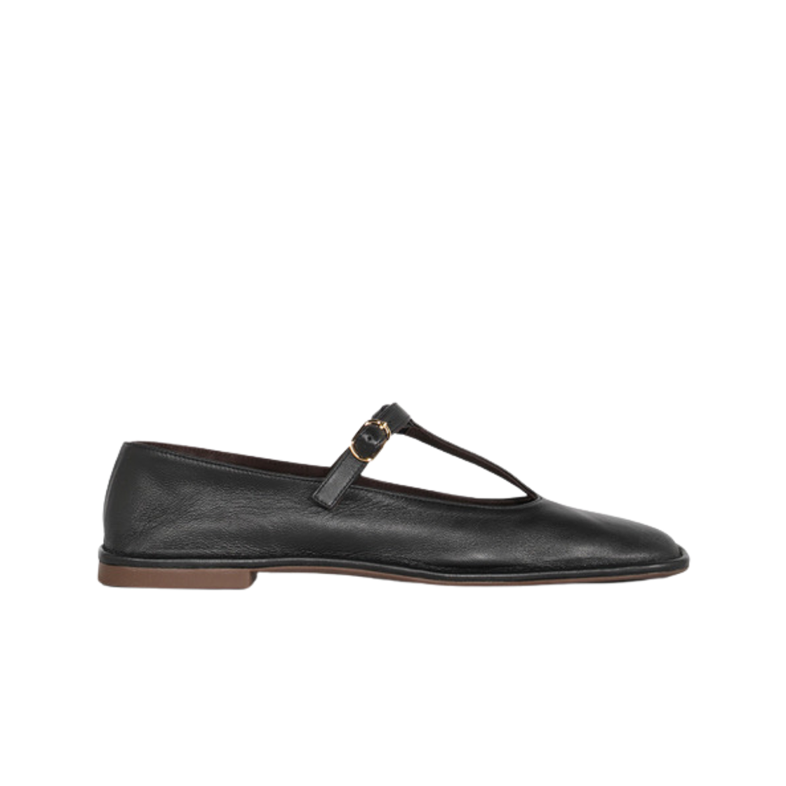 (W) 더 로우 레더 스퀘어 T 스트랩 플랫 블랙((W) The Row Leather Square T Strap Flat Black)