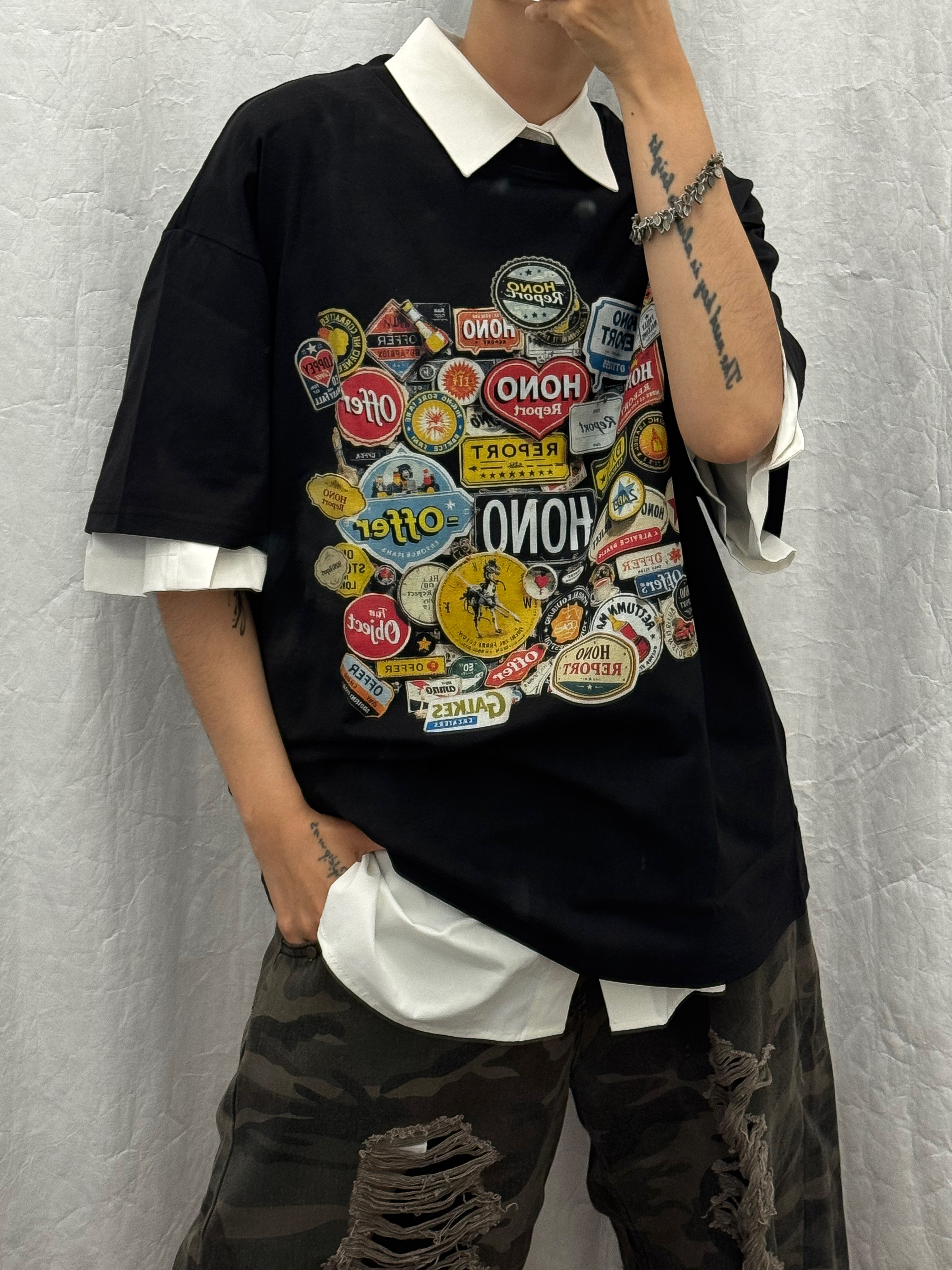 Hono Report Sticker T-Shirt Black, Hono Report Leaf Bracelet 착용 스타일 - 2