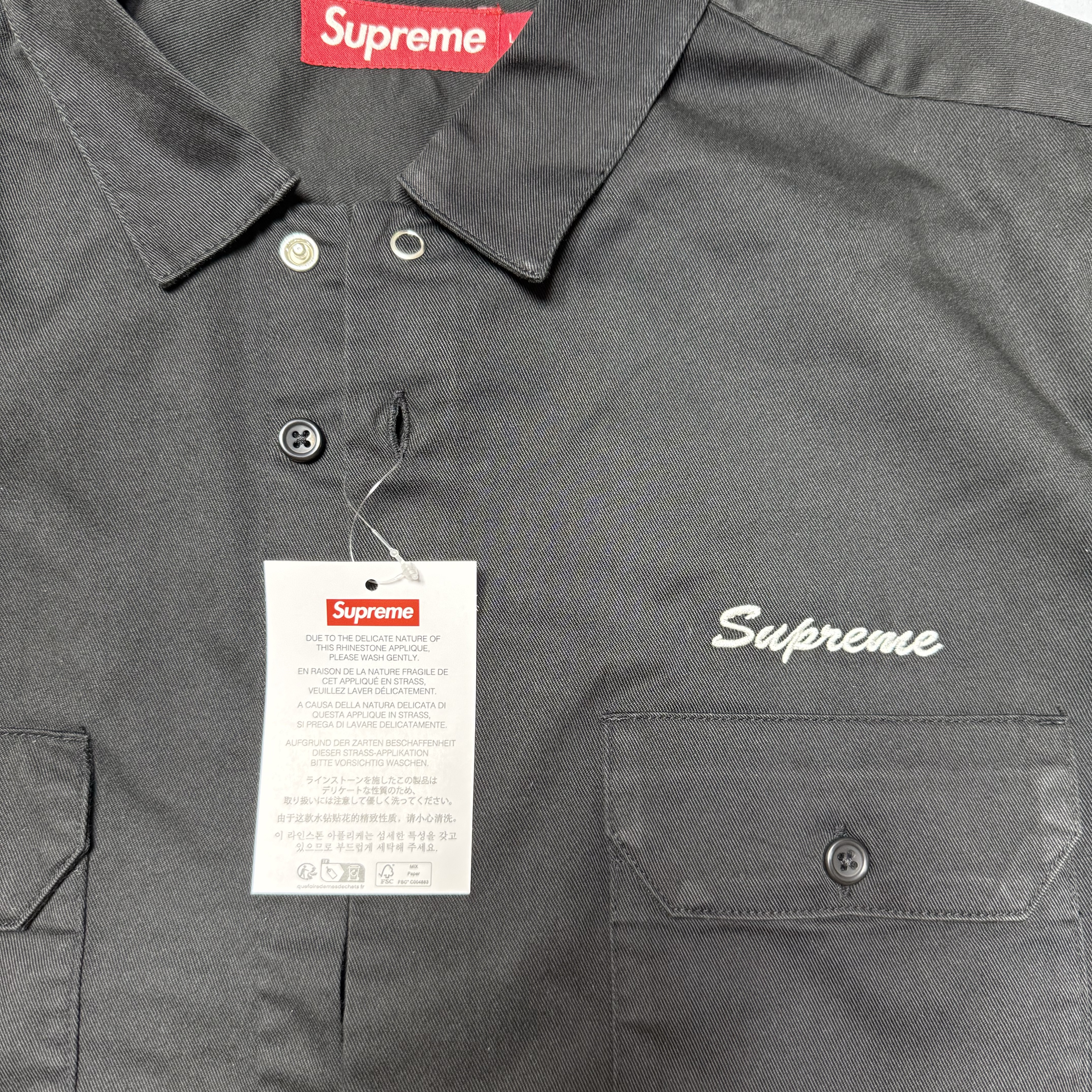 Supreme Rhinestone Pin Up S/S Work Shirt Black - 25SS 착용 스타일 - 8