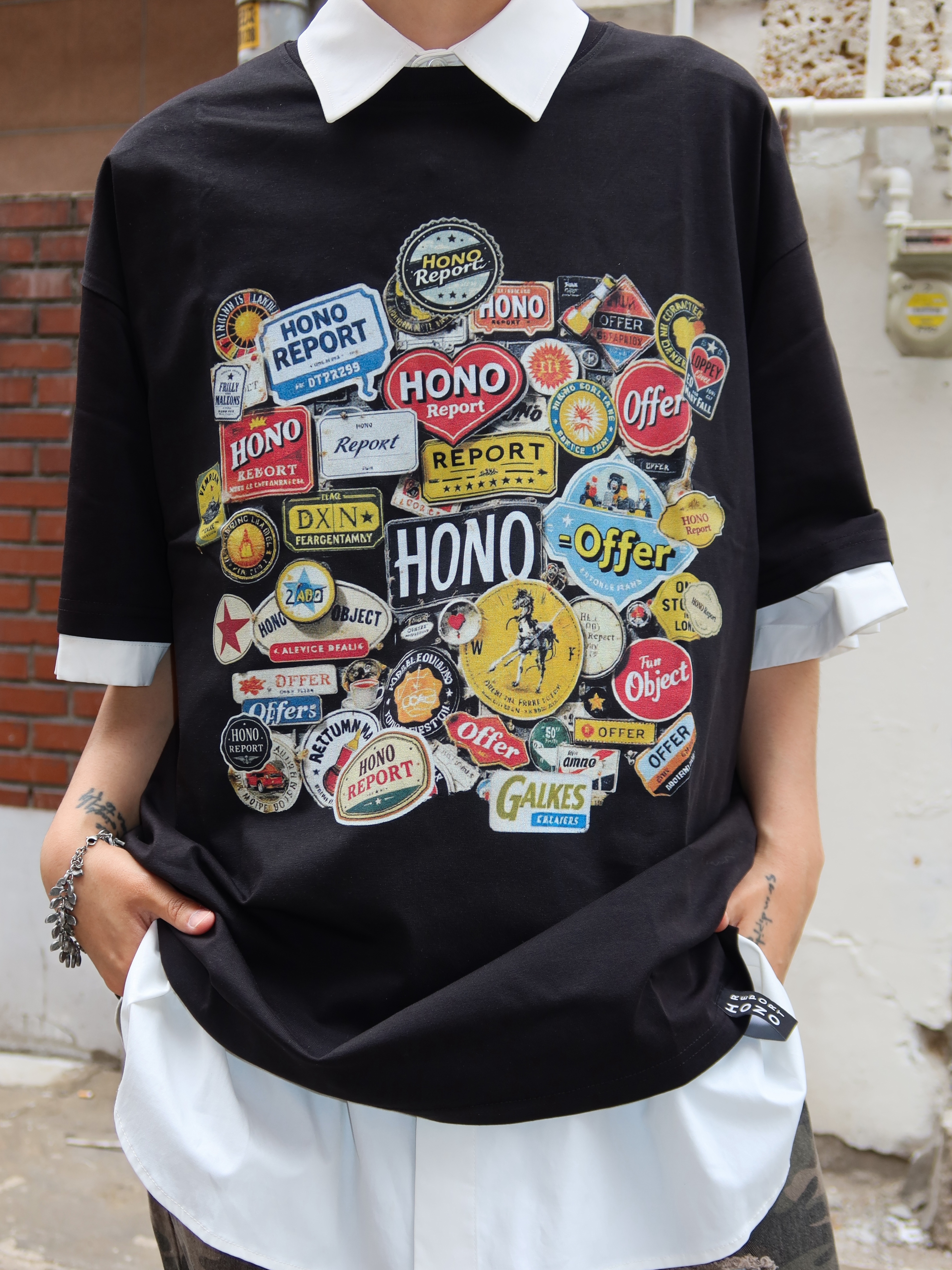 Hono Report Sticker T-Shirt Black, Hono Report Leaf Bracelet 착용 스타일 - 1