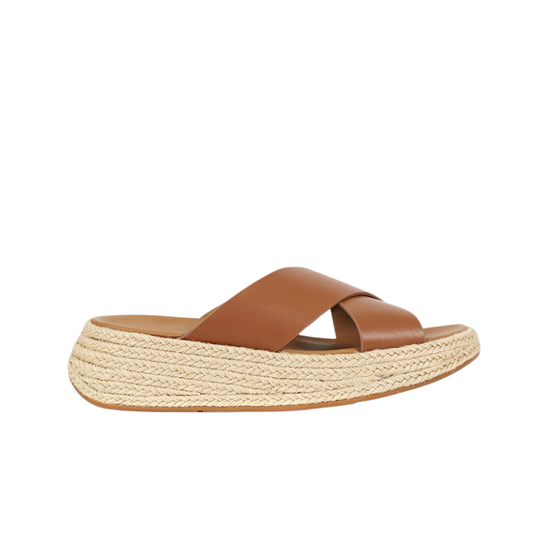 (W) 핏플랍 F-모드 에스파드리유 레더 플랫폼 크로스 슬라이드 딥 탄((W) FITFLOP F-Mode Espadrille Leather Flatform Cross Slides Deep Tan)