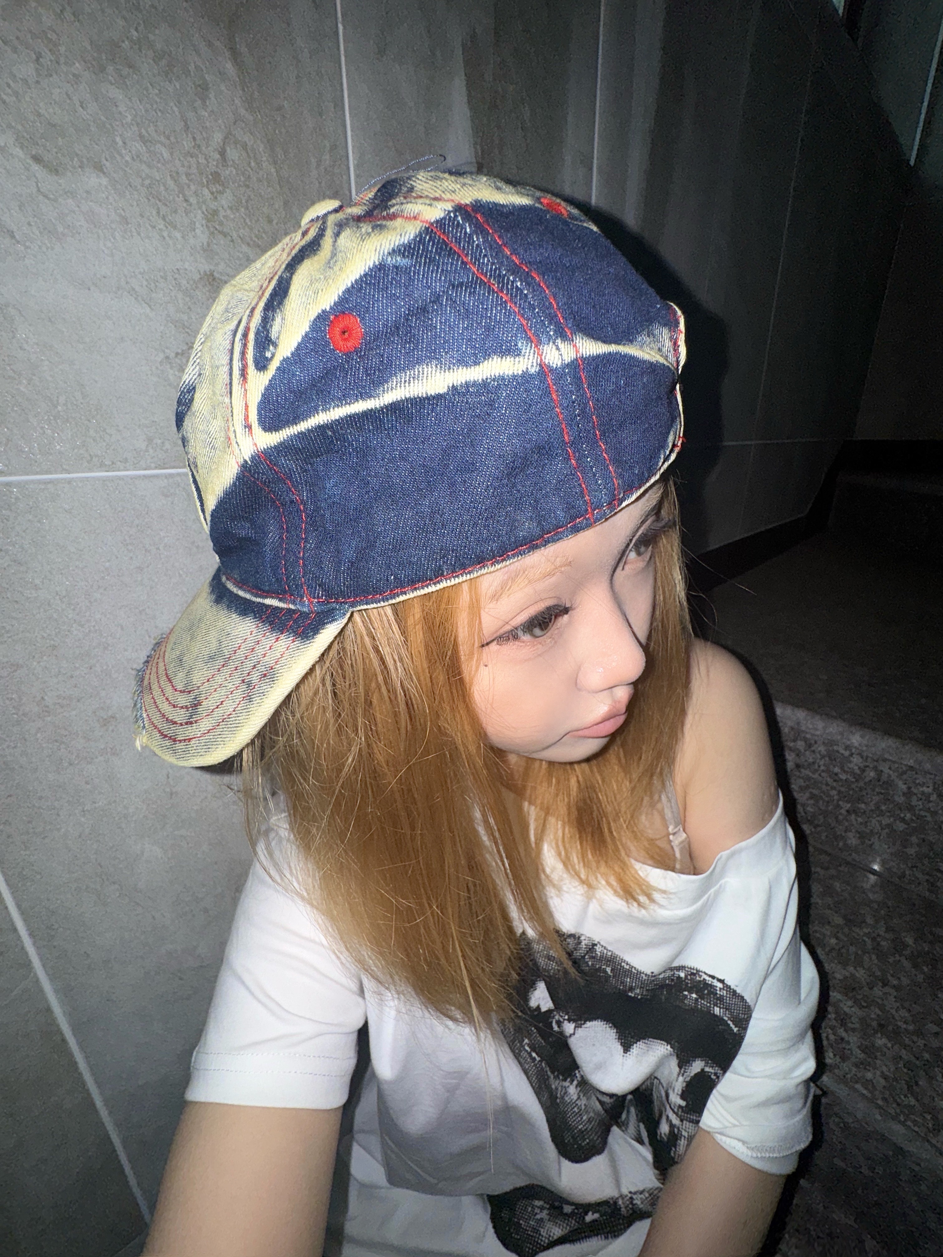 Diesel C-Seymon Treated Denim Baseball Cap Blue White 착용 스타일 - 2