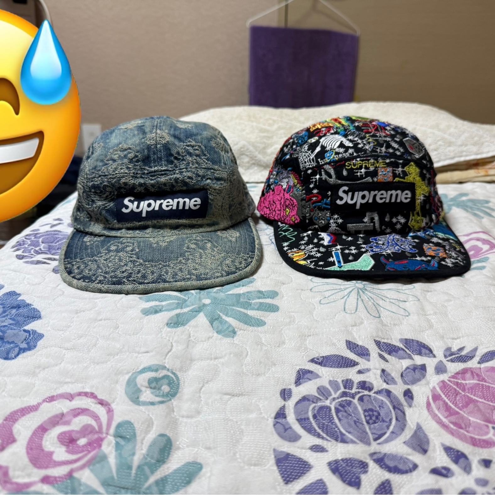 Supreme AOI Embroidered Camp Cap Black - 25SS, Supreme Bandana Jacquard Denim Camp Cap Blue - 25SS 착용 스타일 - 1
