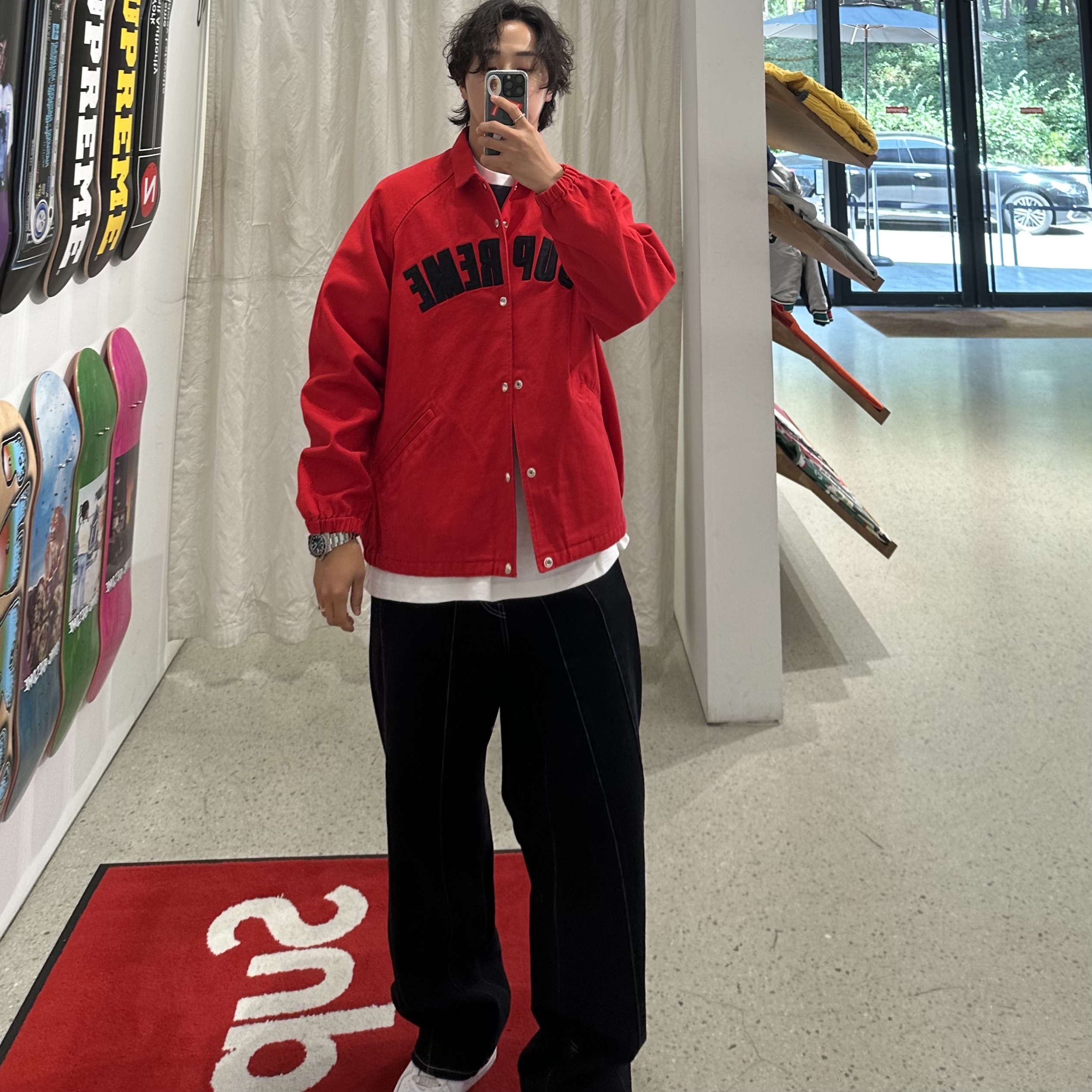 Supreme Arc Denim Coaches Jacket Red - 25SS 착용 스타일