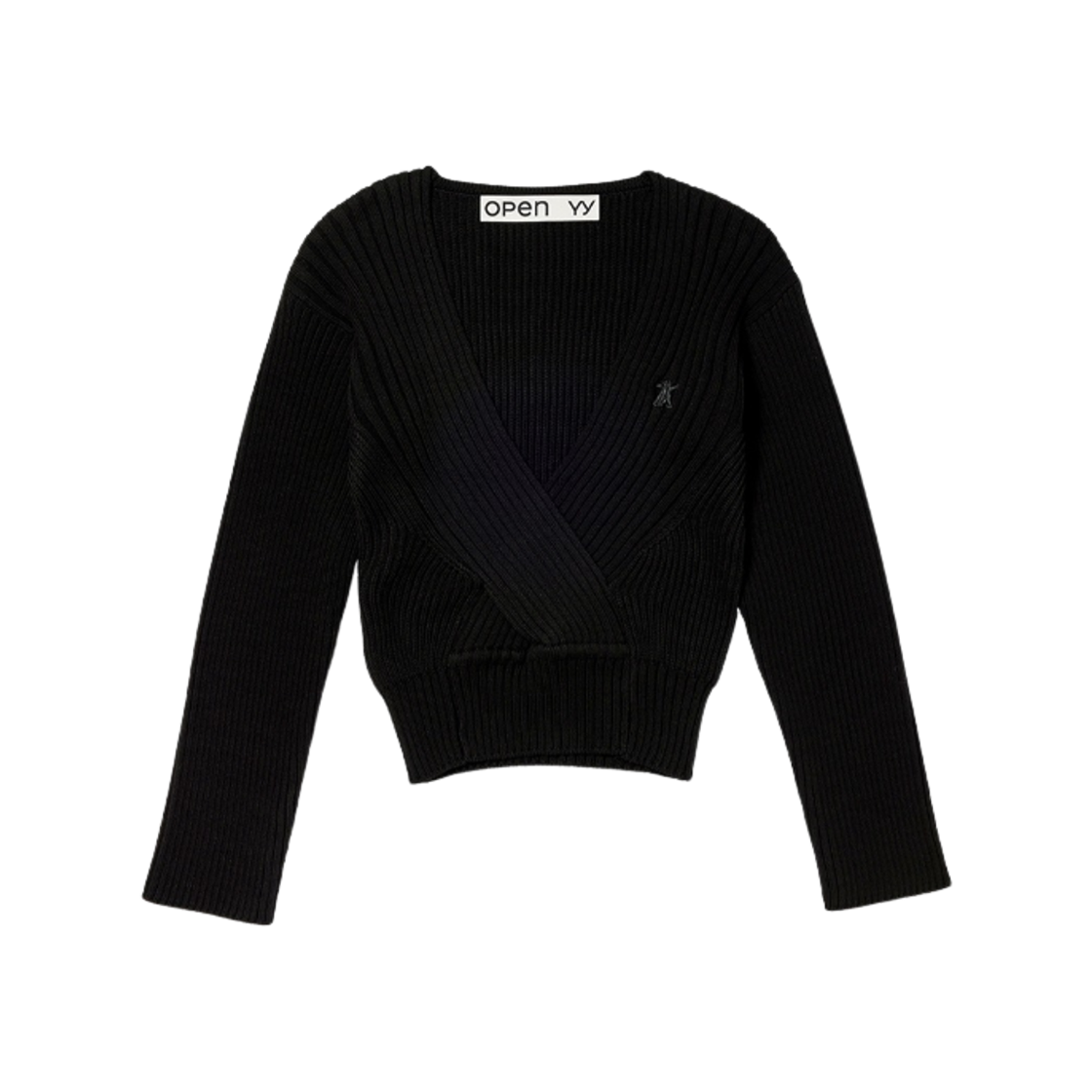 (W) 오픈 Yy 크리스 크로스 립드 풀오버 블랙((W) Open Yy Criss Cross Ribbed Pullover Black)