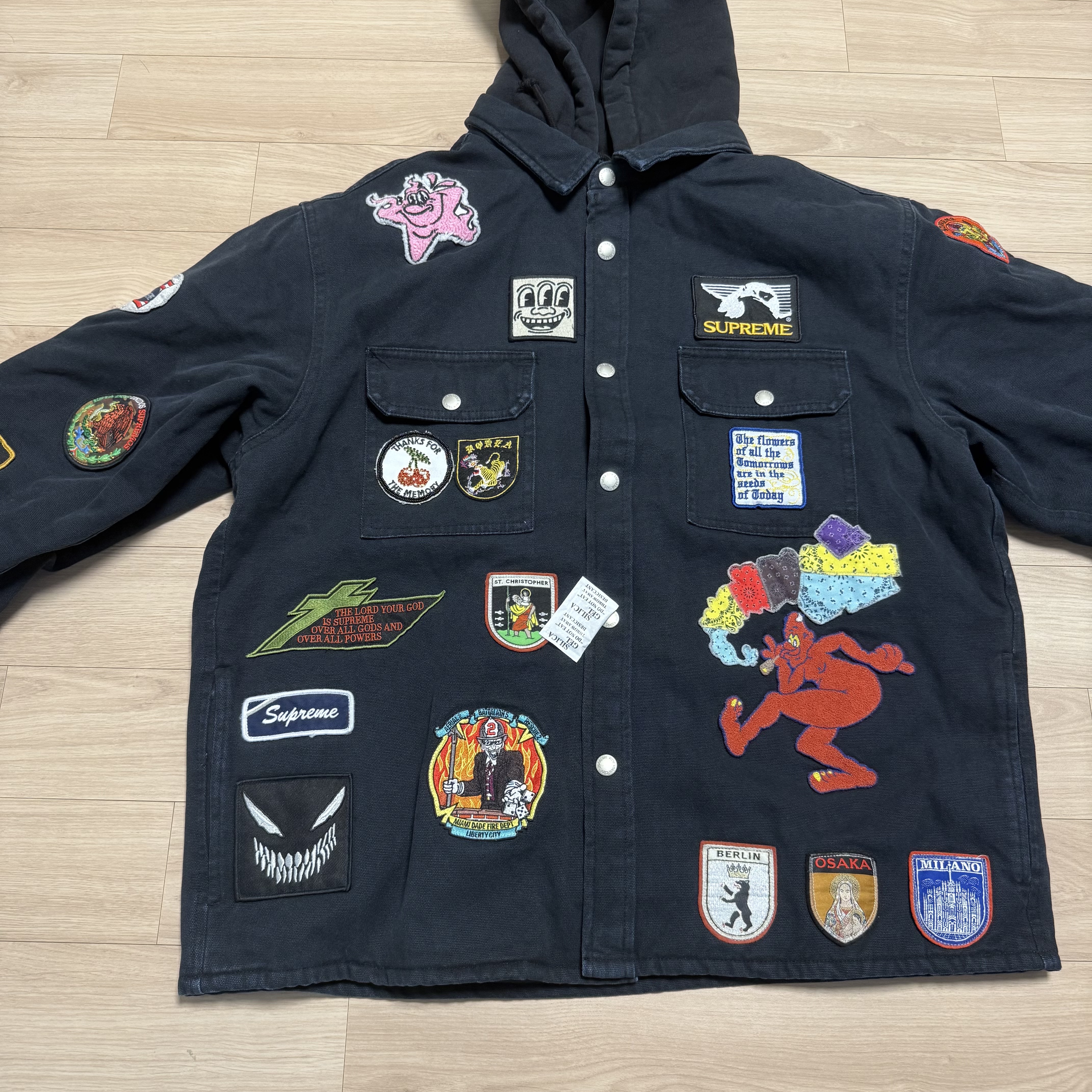 Supreme Patches Hooded Zip Up Shirt Black - 25SS 착용 스타일