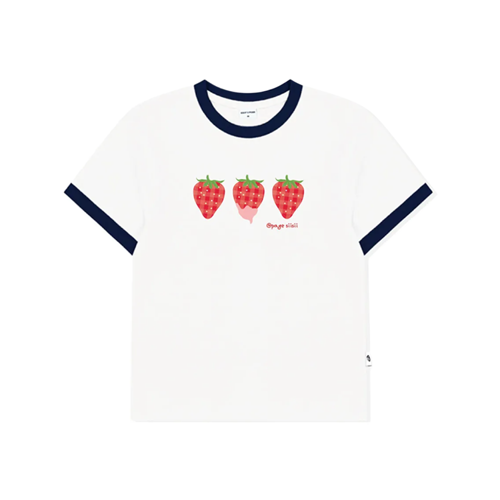 P251LTS019NV pagesiisii Strawberry Fondue Print Ringer Short Sleeve T-Shirt Navy