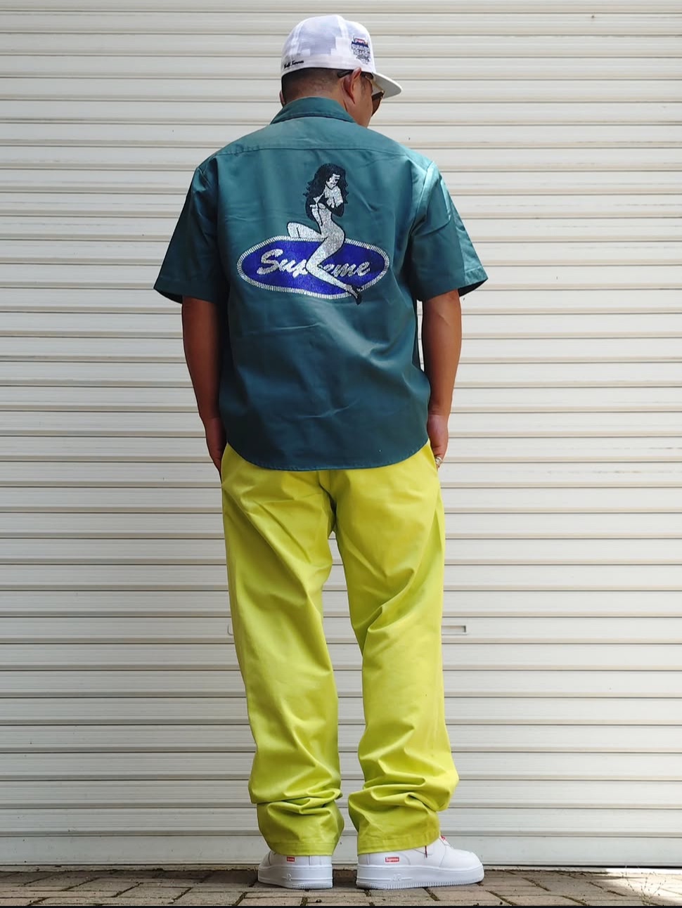Supreme Rhinestone Pin Up S/S Work Shirt Work Green - 25SS 착용 스타일 - 2