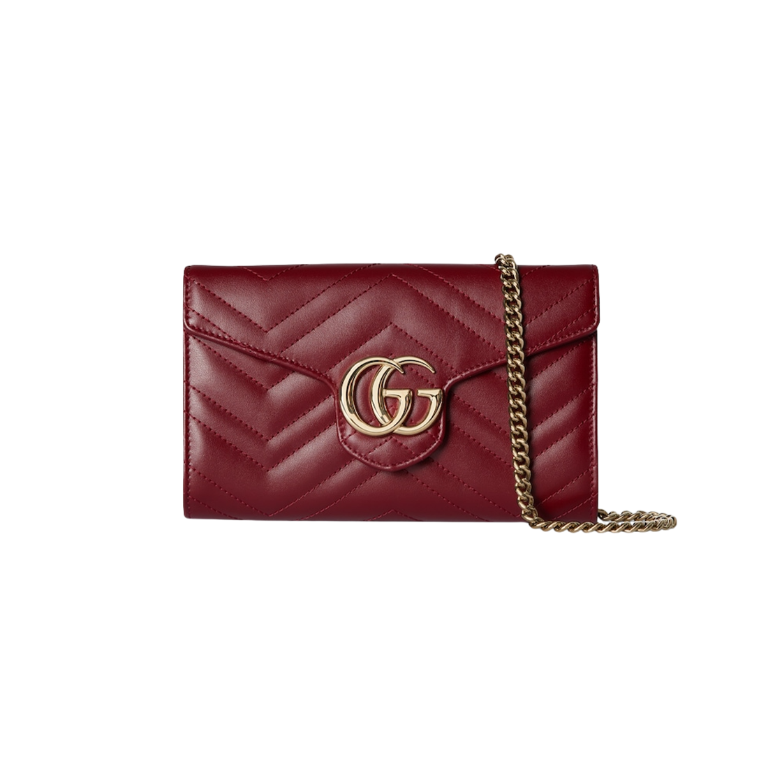 837745-AAET8-6207 Gucci GG Marmont Matelasse Chevron Leather Chain Wallet Red
