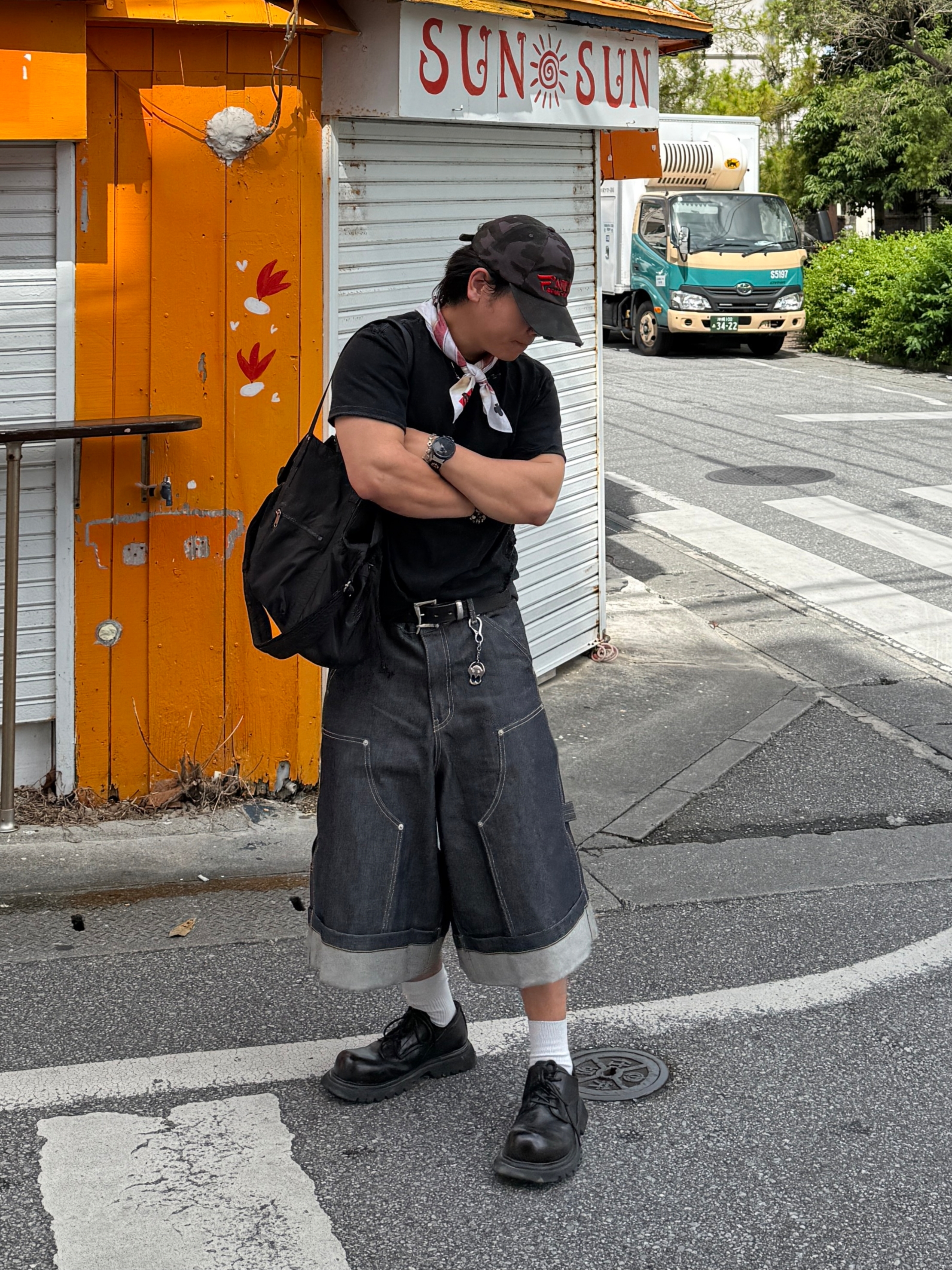 GRAILZ x KOIN SEOUL Carpenter Bermuda Denim Pants Indigo, ETCE New Vision Camo Cap Night Jungle 착용 스타일 - 1
