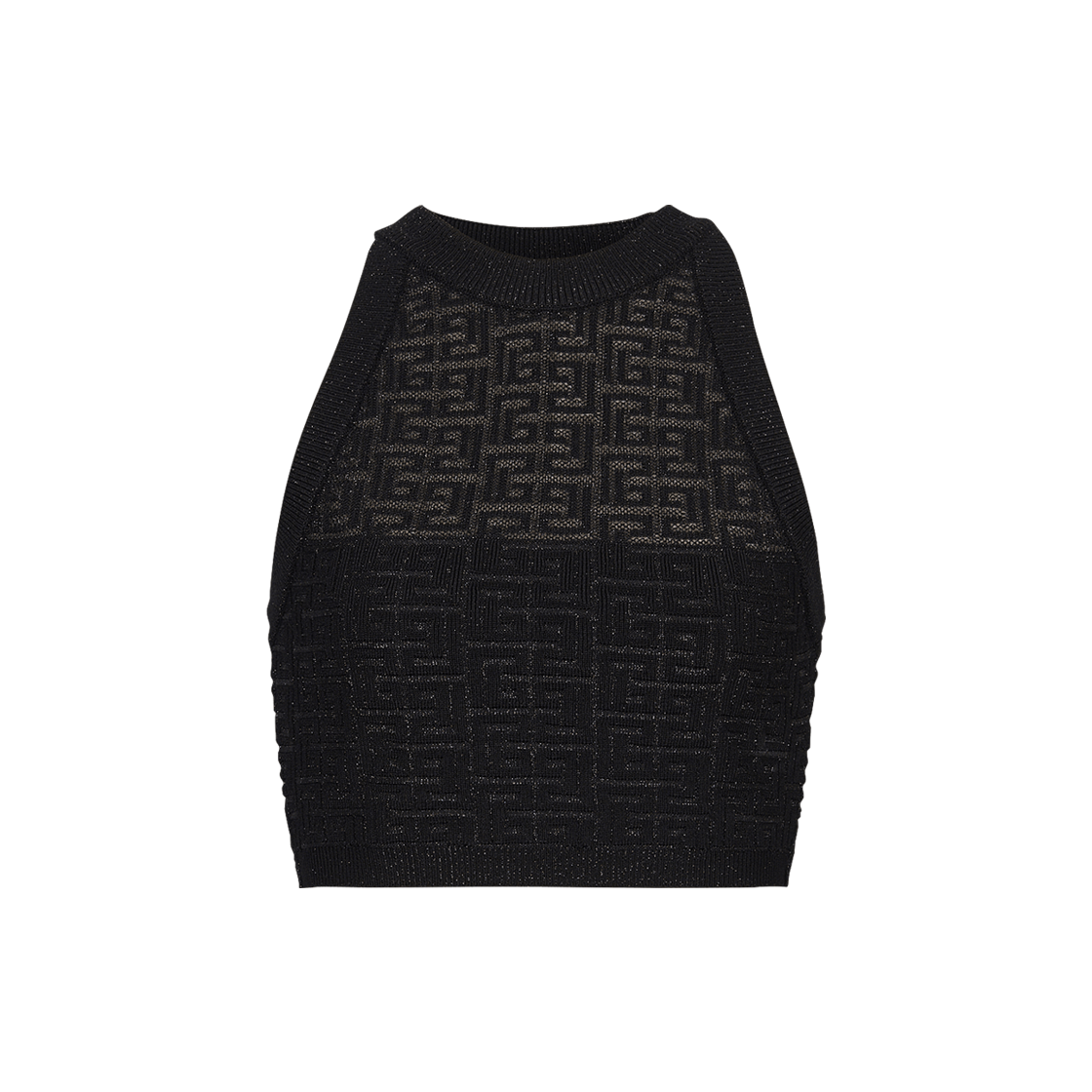 (W) 발망 PB 라비린스 모노그램 니트 탑 블랙((W) Balmain PB Labyrinth Monogram Knit Top Black)
