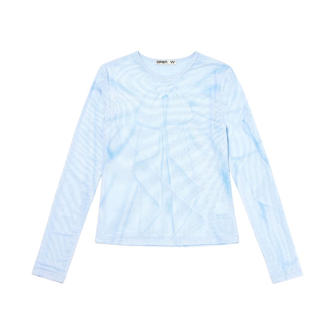 (W) 오픈 Yy 리본 메쉬 프린트 탑 블루((W) Open Yy Ribbon Mesh Print Top Blue)