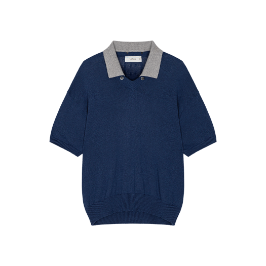 Waviness25221 Waviness Toggled Petal Collar V-Neck Half Knit Blue Grey