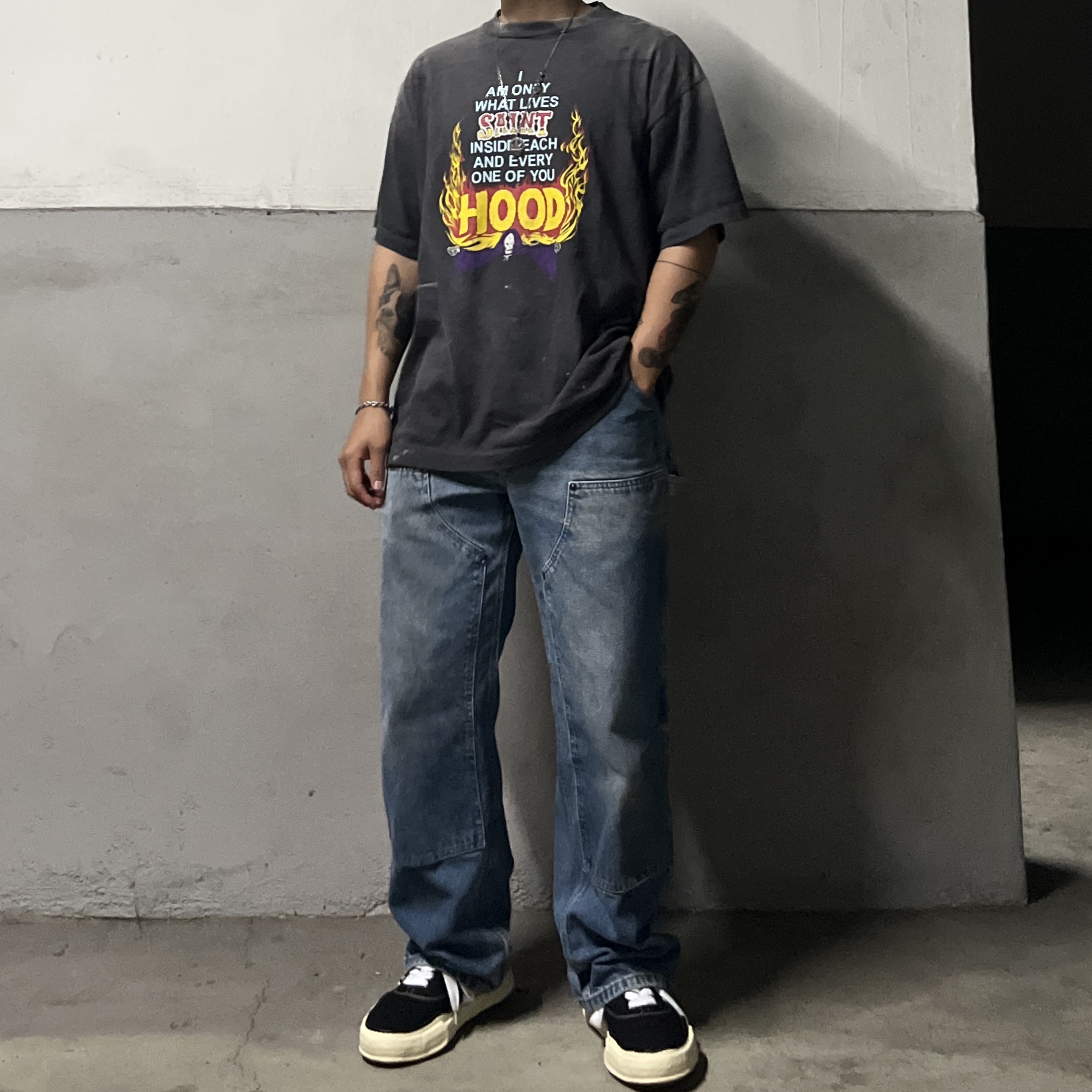 Neighborhood x Saint Mxxxxxx STHD Hood T-Shirt Black - 25SS, Maison Mihara Yasuhiro Baker OG Sole OD Canvas Low-top Sneakers Black 착용 스타일