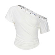 (W) Pleasenofollow Harry Button Unbal Shirring Short Top Ivory