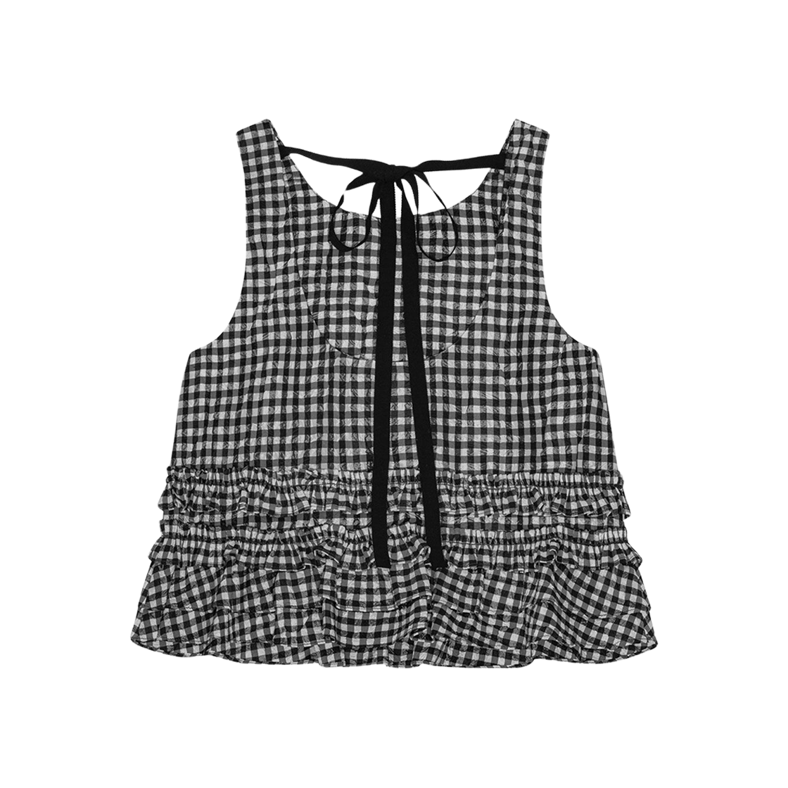 (W) 가니 크링클드 체크 프릴 탑 블랙((W) Ganni Crinkled Check Frill Top Black) - 2