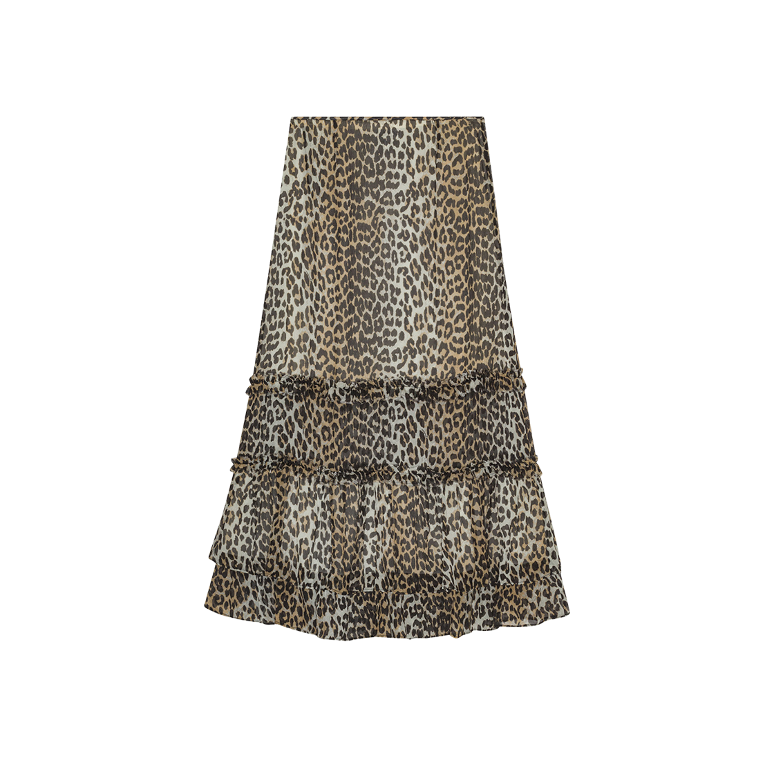 (W) 가니 프린트 롱 시폰 러플 스커트 레오파드((W) Ganni Print Long Chiffon Ruffle Skirt Leopard)
