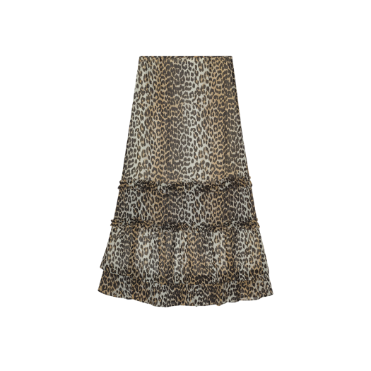 (W) Ganni Print Long Chiffon Ruffle Skirt Leopard