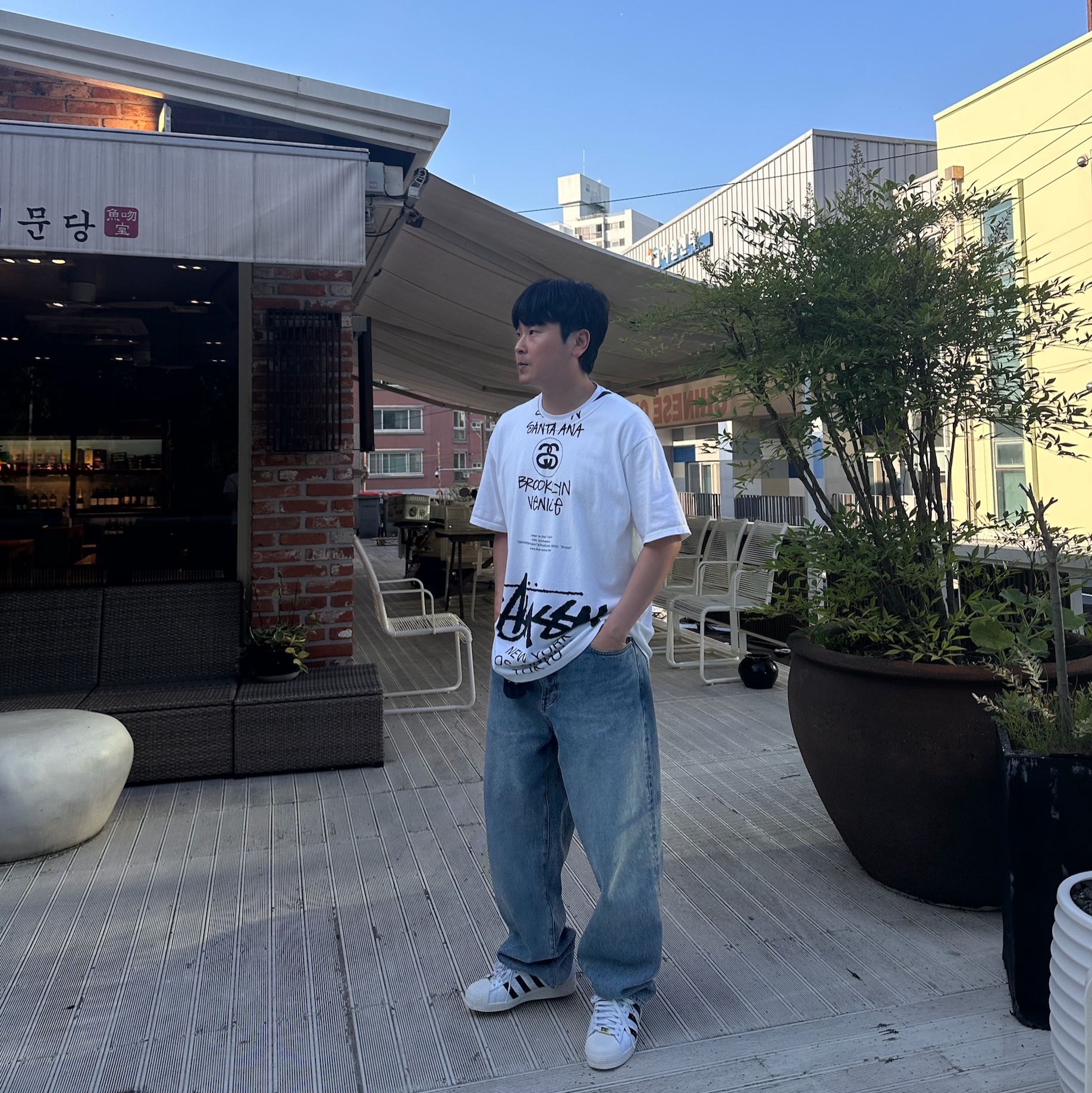 Stussy x Takahiromiyashita The Soloist 40 WT T-Shirt, Palace EL Script P90 Baggy Jean Stone Wash - 24FW 착용 스타일 - 4