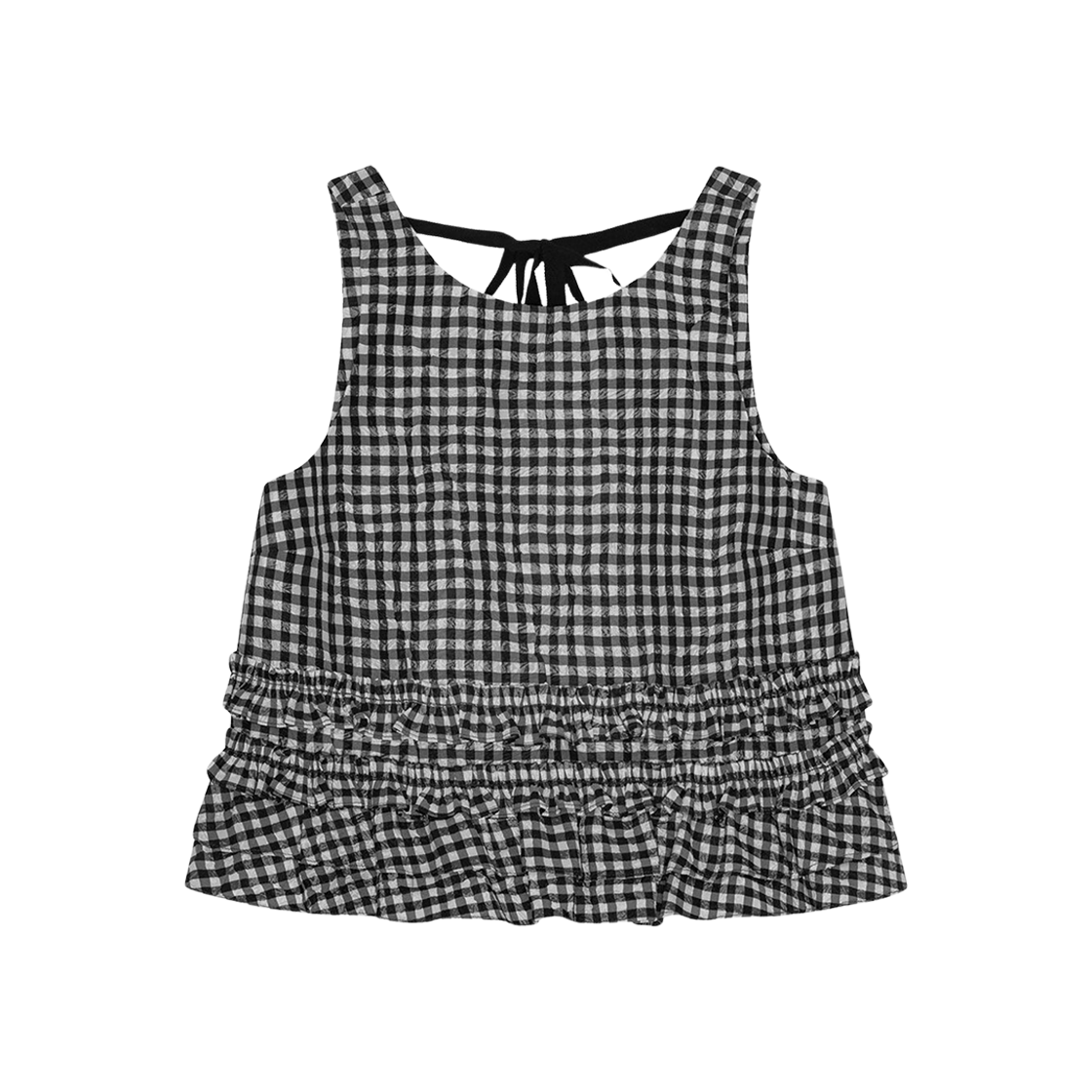 (W) 가니 크링클드 체크 프릴 탑 블랙((W) Ganni Crinkled Check Frill Top Black) - 1