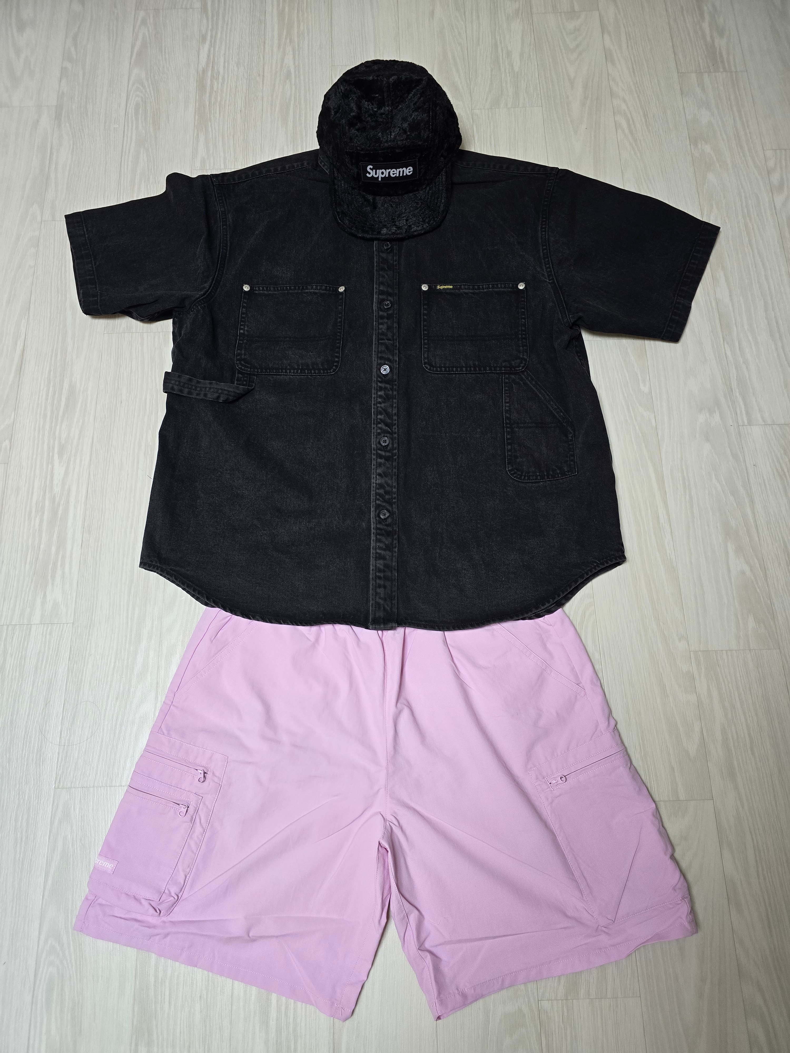 Supreme x GOODENOUGH Crushed Rayon Pile Camp Cap Black - 25SS, Supreme Loose Fit S/S Denim Painter Shirt Black - 25SS 착용 스타일