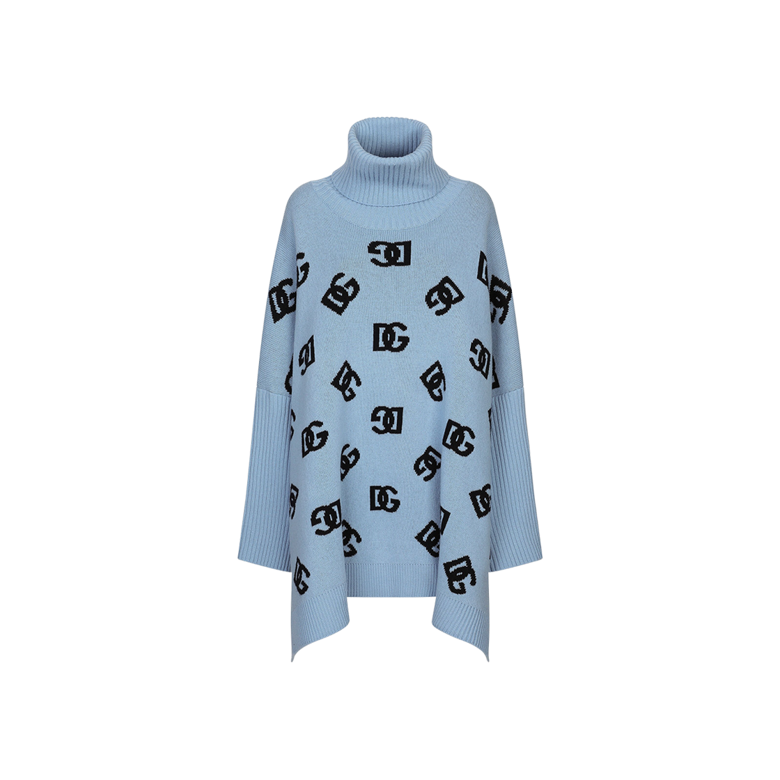 FXV08TJCVZMB0143 (W) Dolce & Gabbana Wool Turtle-Neck Poncho with DG Logo Inlay Light Blue