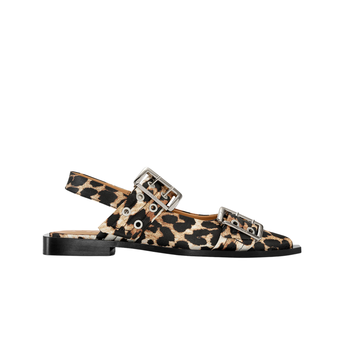 (W) 가니 사틴 페미닌 버클 발레리나 레오파드((W) Ganni Satin Feminine Buckle Ballerinas Leopard)