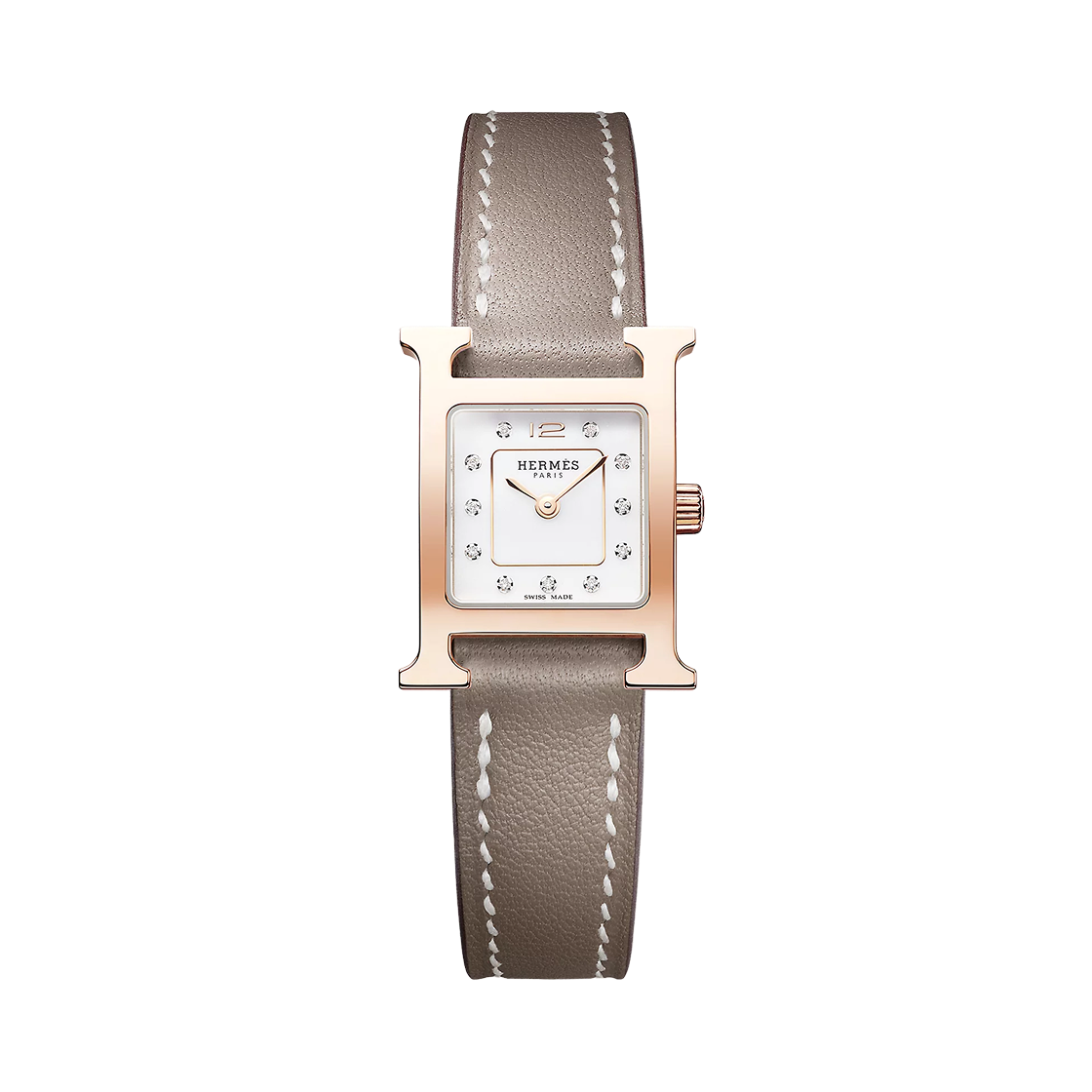 W403478WW00 Hermes Heure H Watch Mini Etoupe Swift Strap & Rose Gold Steel