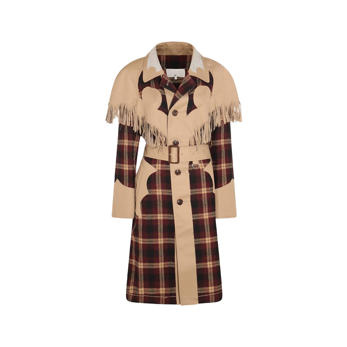 S67AH0041STZ090961 (W) Maison Margiela Check Coat with Fringe Belt Beige Burgundy