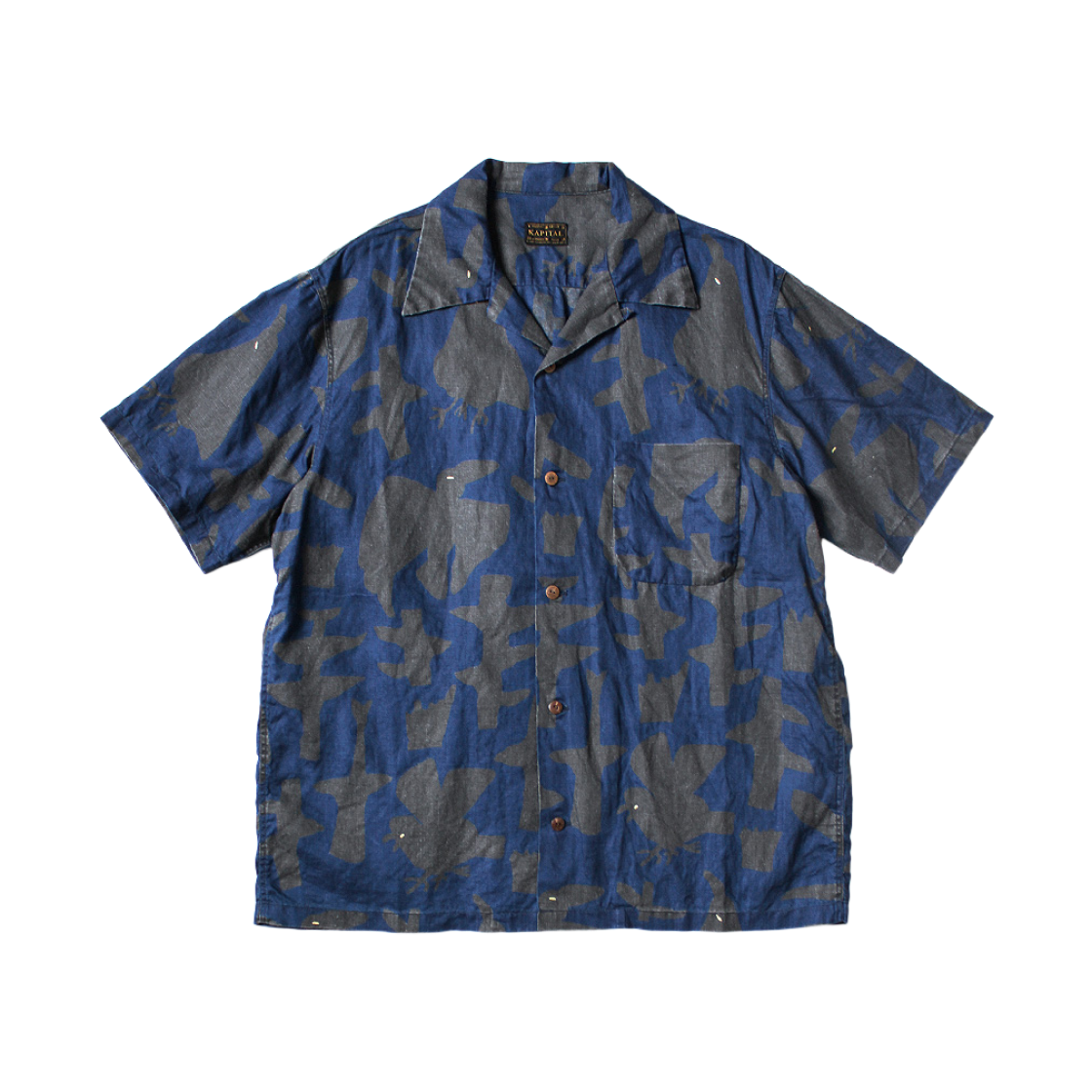 캐피탈 프렌치 크로스 리넨 가이딩 라이트 크로우 디스차지 프린트 알로하 셔츠 인디고(Kapital French Cross Linen Guiding Light Crow Discharge Print Aloha Shirt Indigo)
