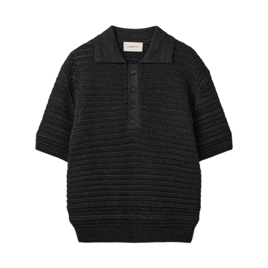 UM252APO06BK UMARMUNG Paper & Boucle Crochet Collared Pullover_Washed Black
