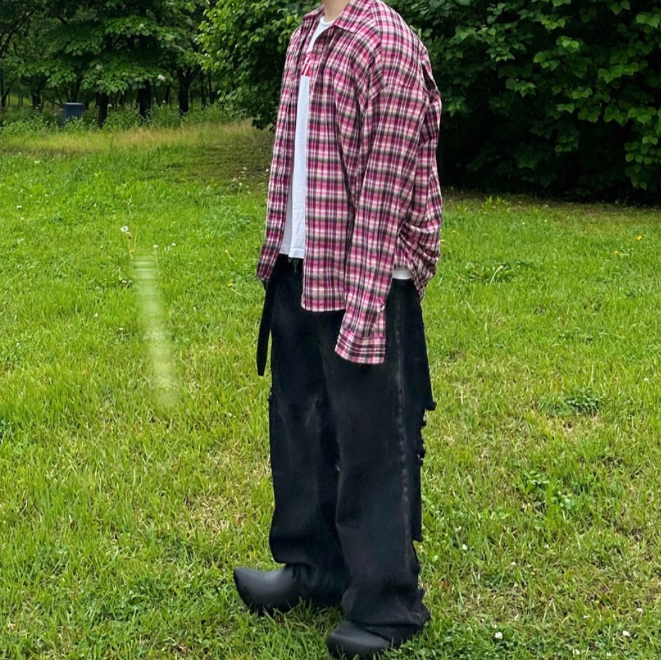 Nonnod Flexible String Check Shirts Pink 착용 스타일