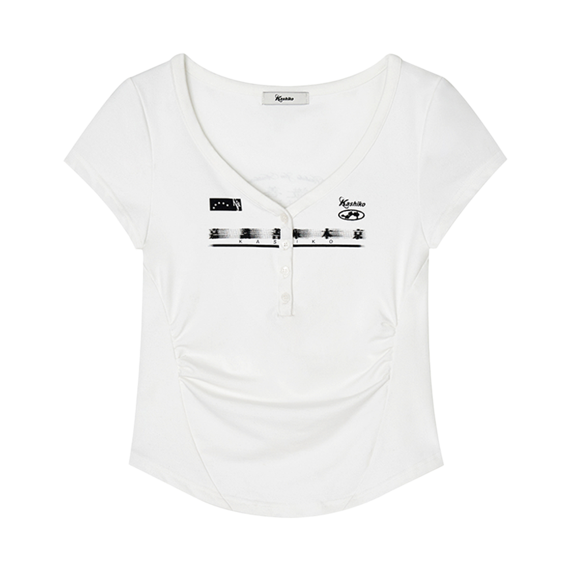 49860 Kashiko Zen Button Henley Neck Top White