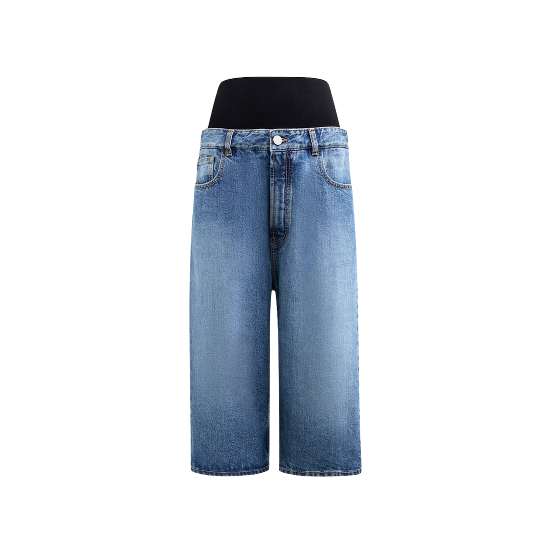 (W) 알라이아 니트 웨이스트밴드 데님 버뮤다 쇼츠 블루 빈티지((W) Alaia Denim Bermuda Shorts with Knitted Waistband Bleu Vintage)