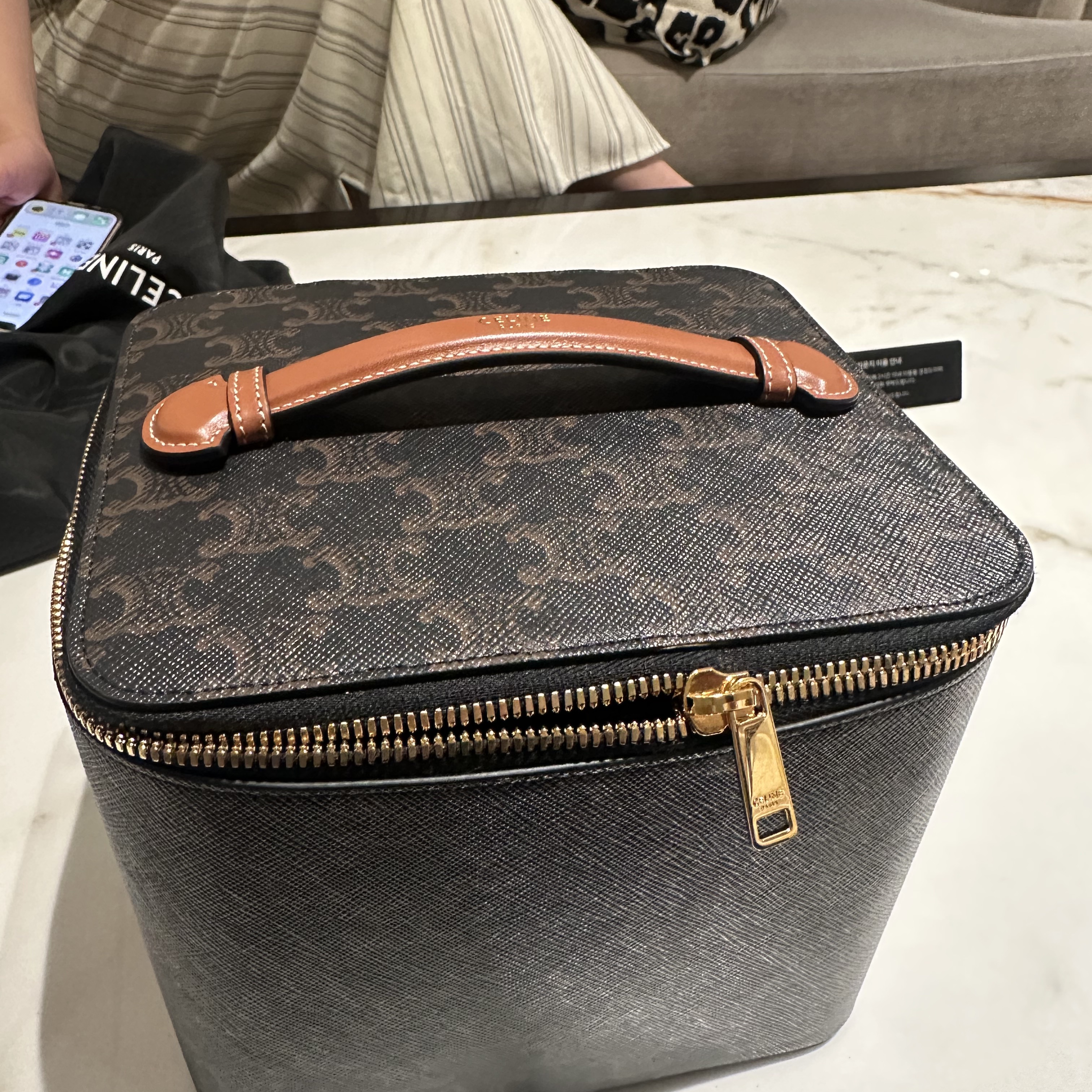 Celine Vanity in Triomphe Canvas and Calfskin Tan 착용 스타일 - 1