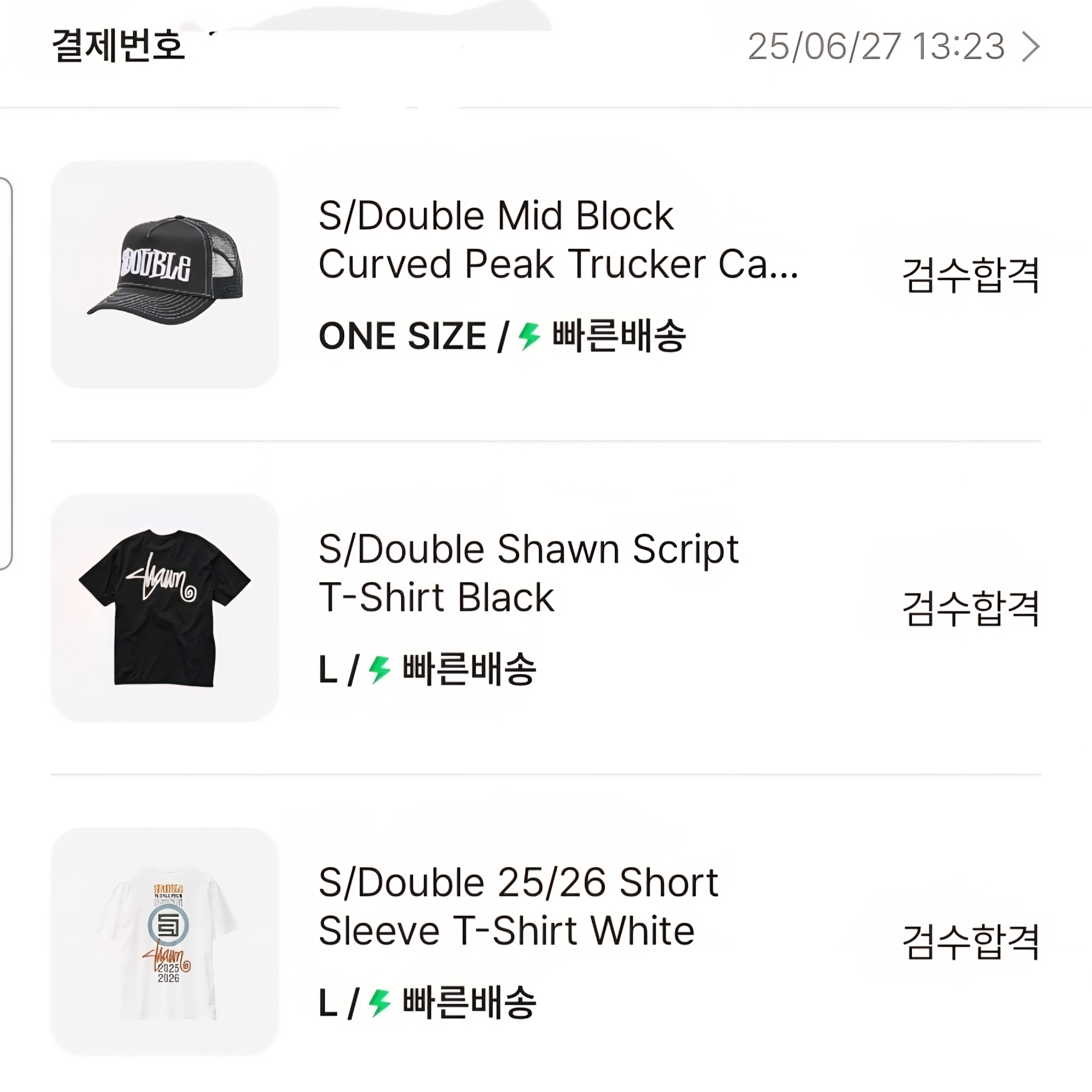 S/Double Mid Block Curved Peak Trucker Cap Black, S/Double Shawn Script T-Shirt Black 착용 스타일