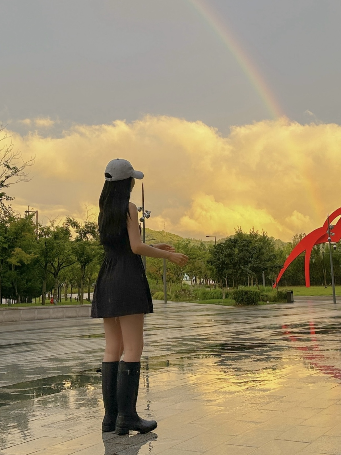 (W) Hunter Original Tall Rain Boots Black 착용 스타일 - 2