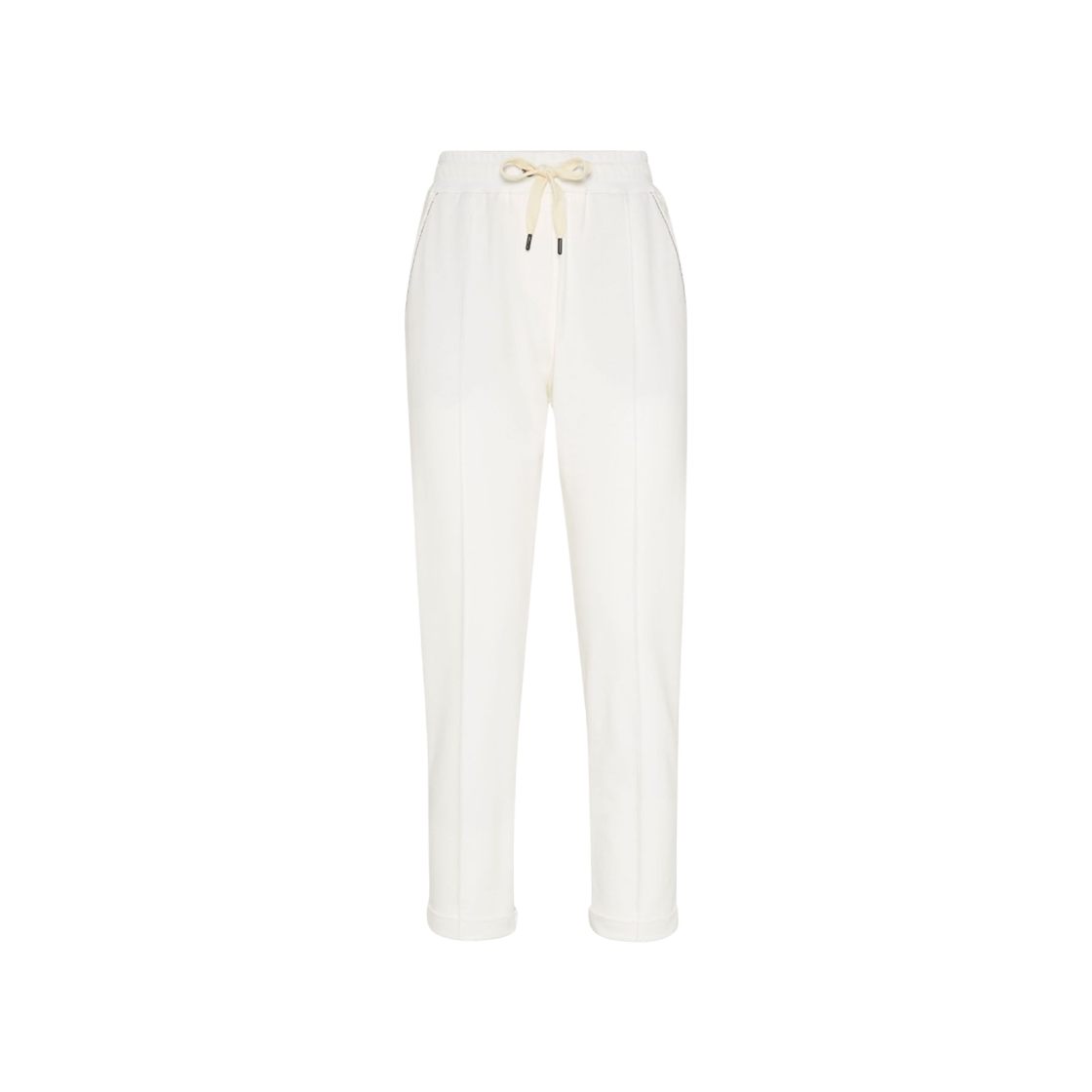 MH827FB799-C600 (W) Brunello Cucinelli Stretch Cotton Lightweight French Terry Track Trousers with Monili White
