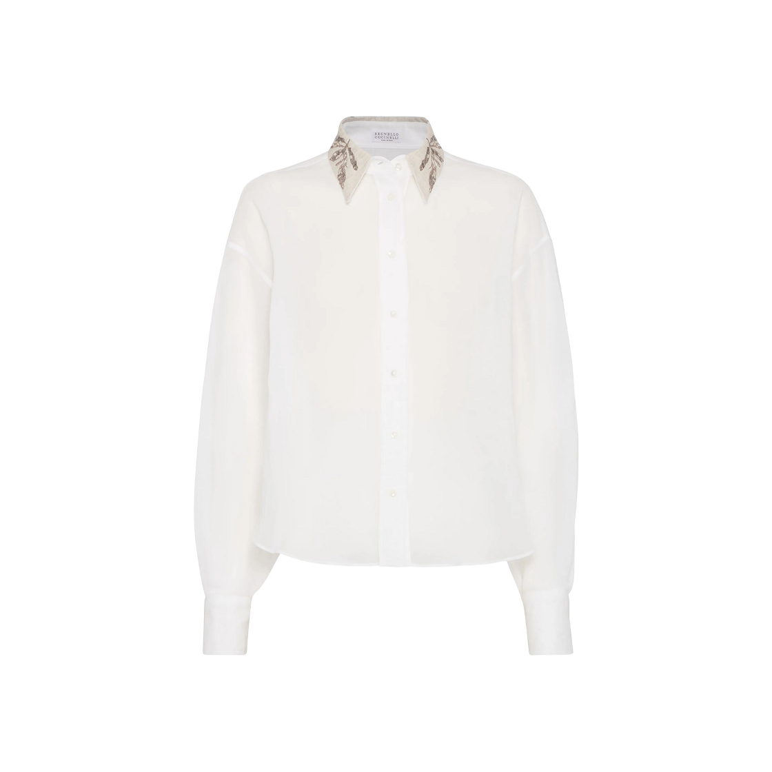 (W) 브루넬로 쿠치넬리 코튼 오간자 그리스닝 플로라 자수 카라 셔츠 화이트((W) Brunello Cucinelli Cotton Organza Shirt with Glistening Flora Embroidery Collar White) - 1