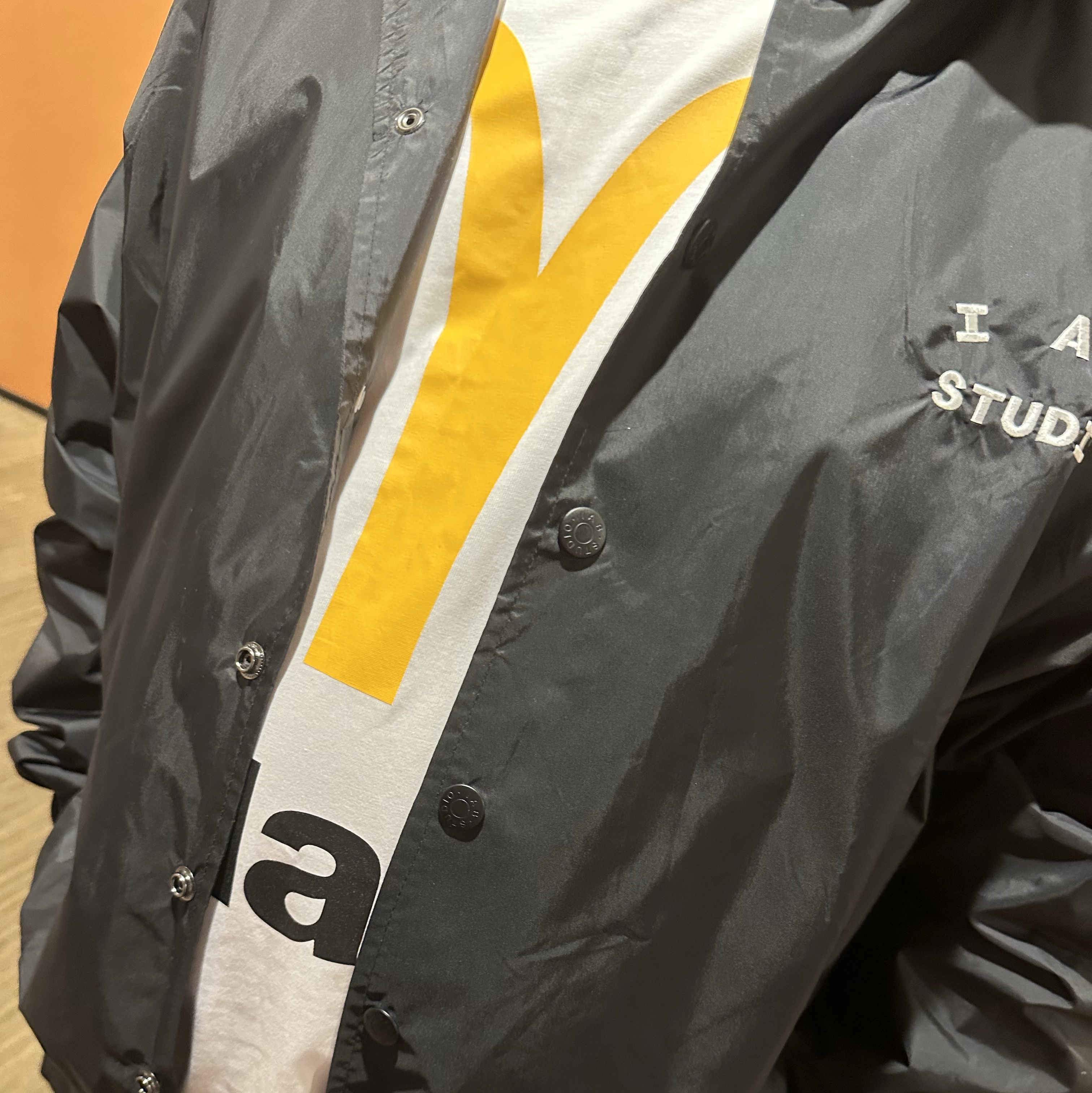 IAB Studio Coach Jacket Black, Palace x McDonald's Logo T-Shirt White - 23FW 착용 스타일