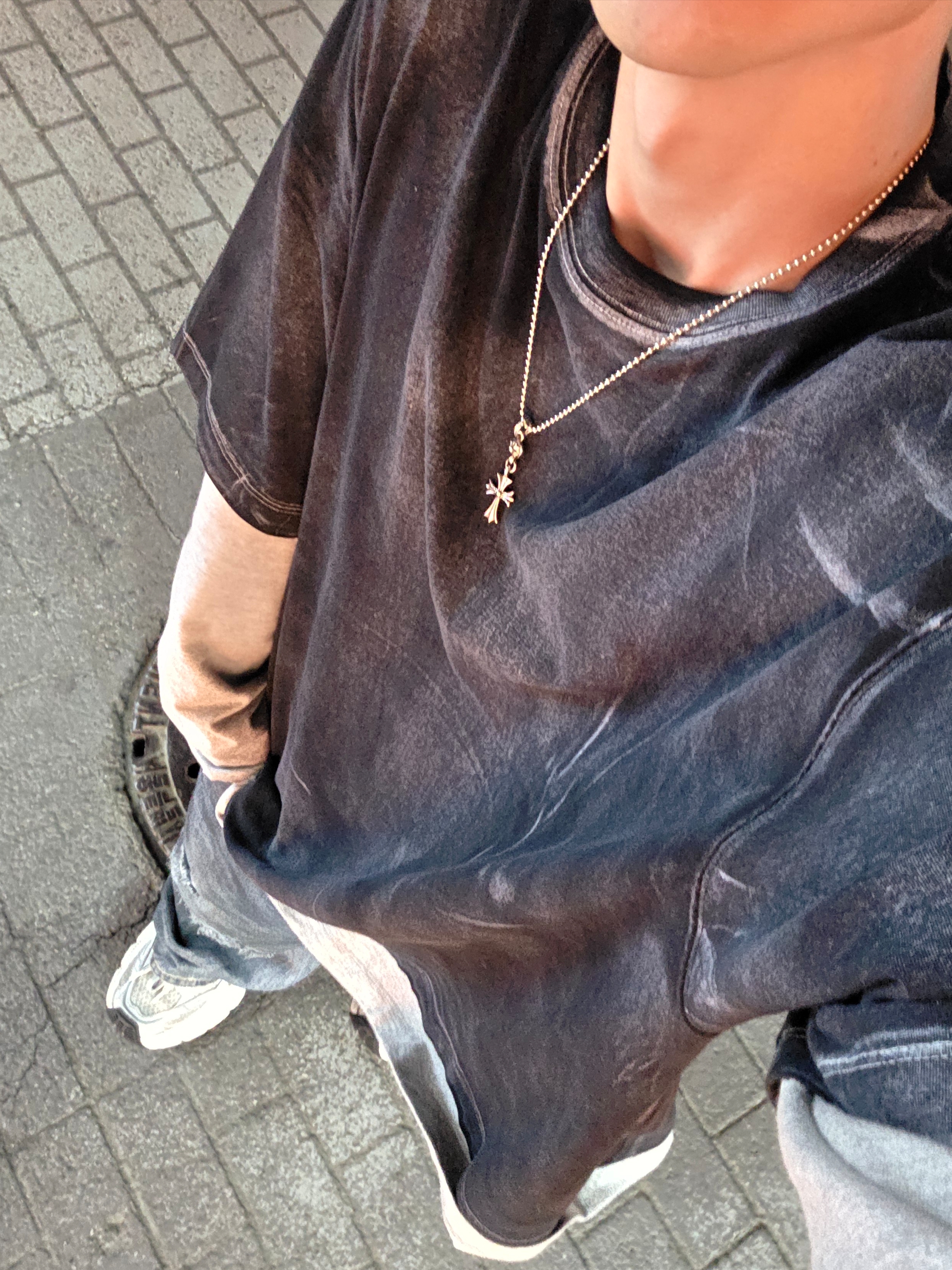 Nonnod Milky washed layered T-Shirt, Awende Dirty Washing Jeans Blue 착용 스타일