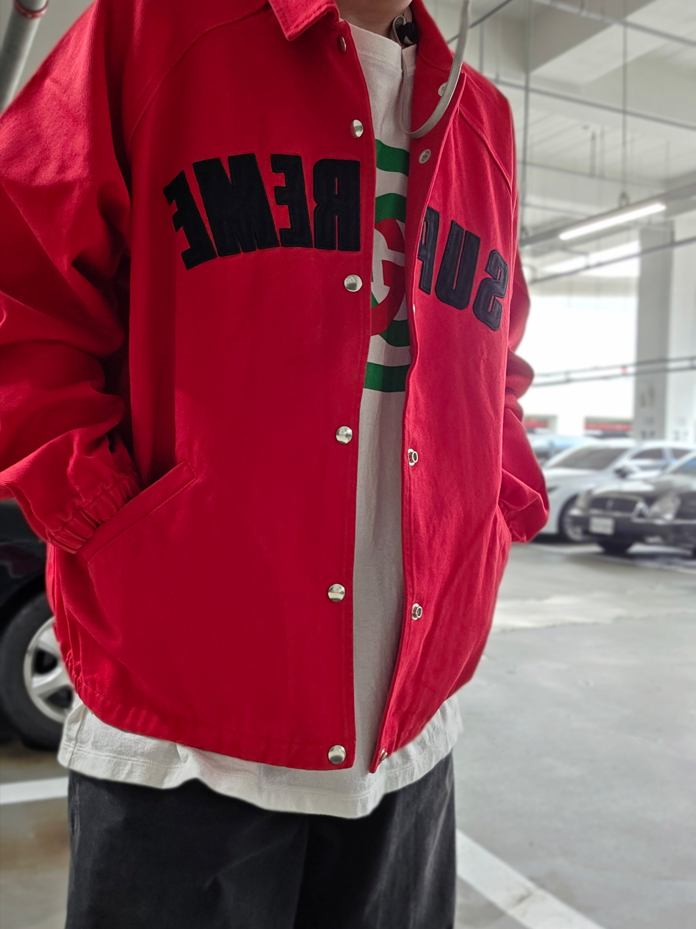 Supreme Arc Denim Coaches Jacket Red - 25SS 착용 스타일 - 3
