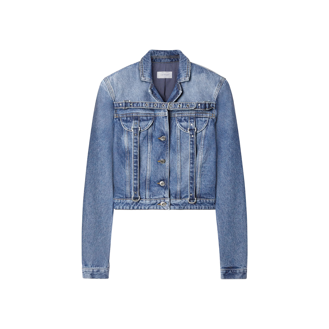 (W) 오프화이트 벨티드 크롭 데님 자켓 블루((W) Off-White Belted Cropped Denim Jacket Blue)