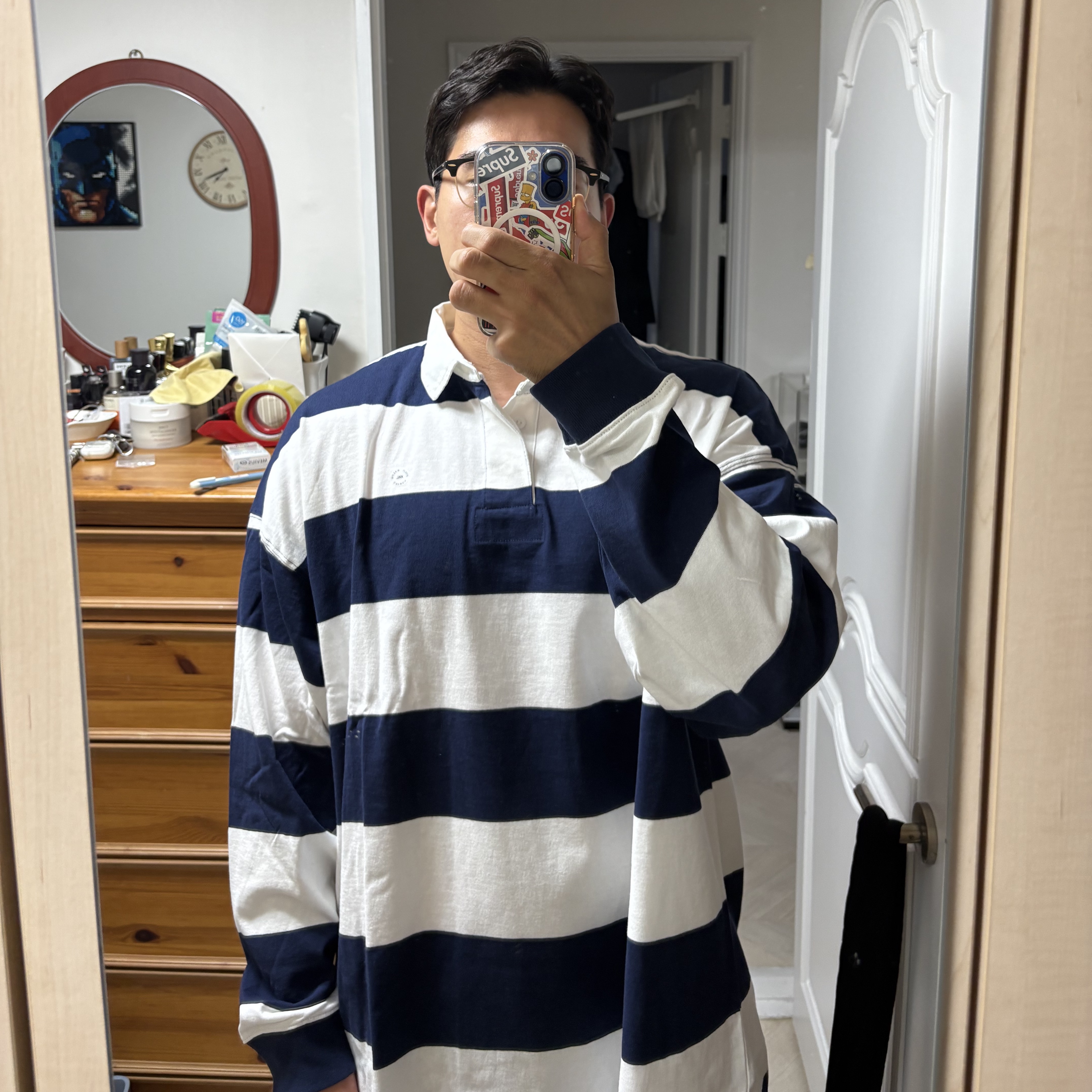 [20% 적립] Polo Ralph Lauren Big Fit Striped Jersey Rugby Shirt White Newport Navy - 25FW 착용 스타일