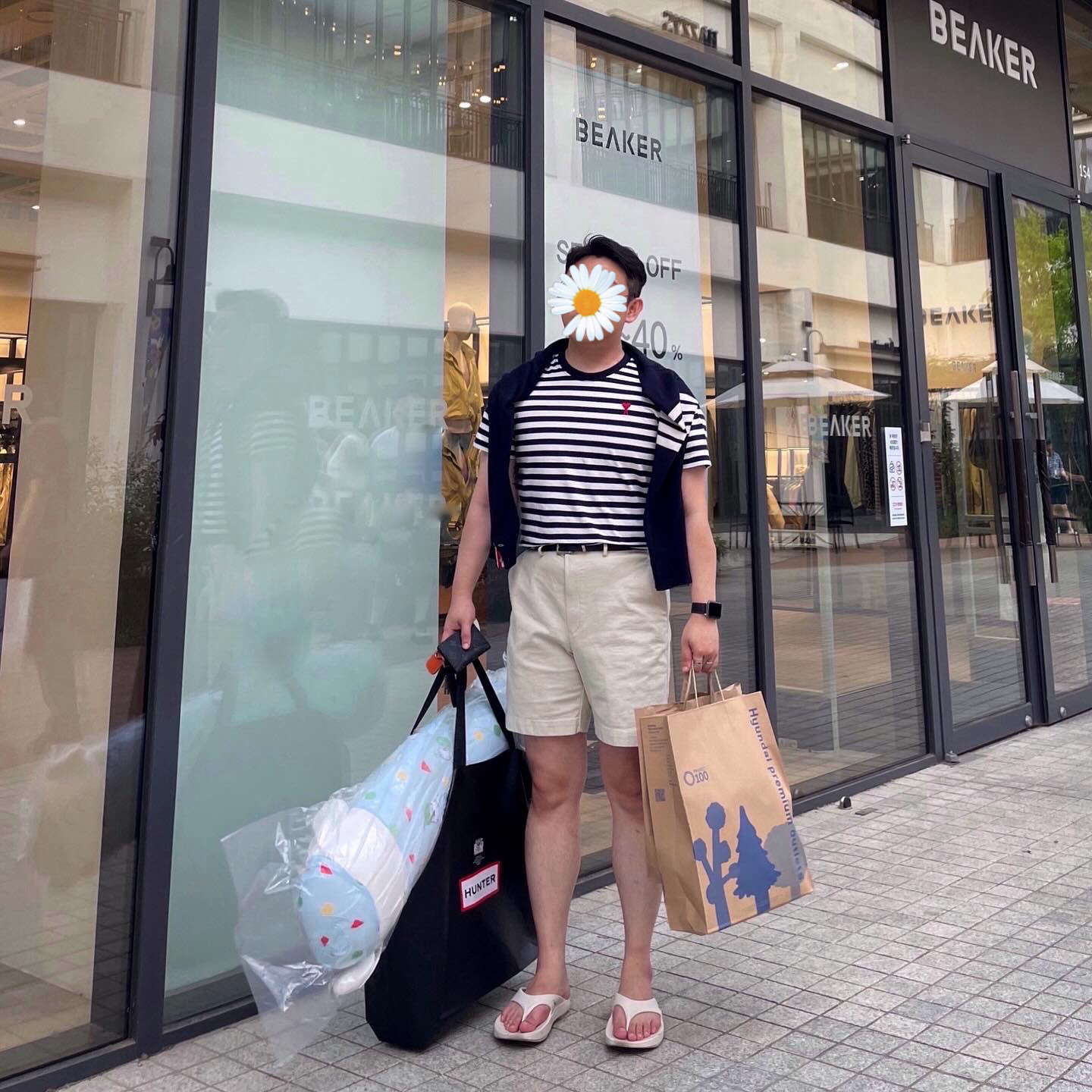 AMI de Coeur Striped T-Shirt Nautic Blue Natural White, Thom Browne Sustainable Fine Merino Wool 4-Bar Classic Cardigan Navy 착용 스타일