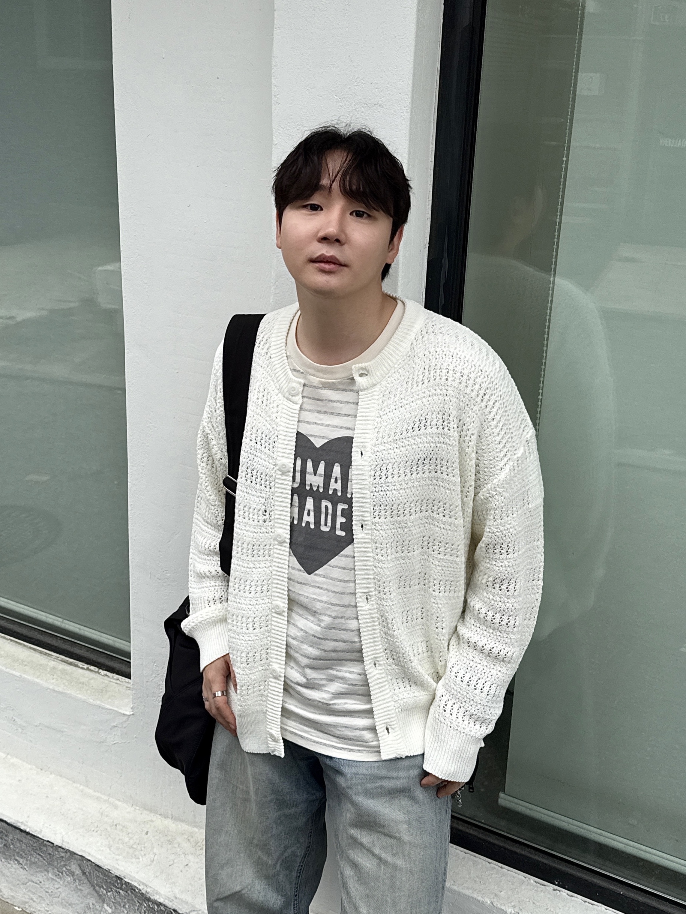 Human Made Striped Heart T-Shirt Gray 착용 스타일 - 2