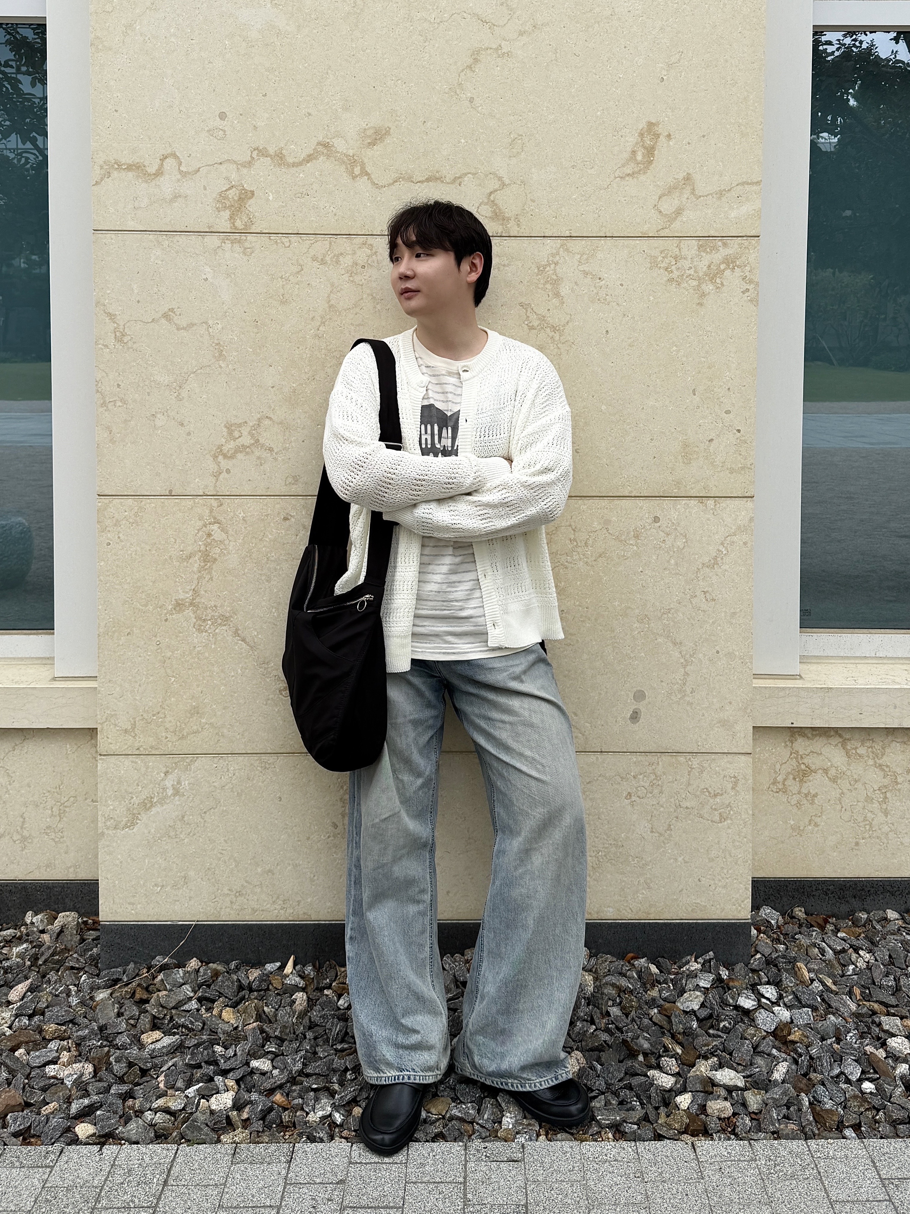 Human Made Striped Heart T-Shirt Gray 착용 스타일 - 1