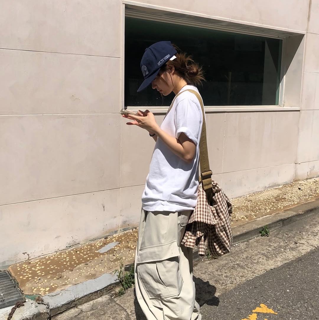 Not New Basic nn Cap Navy, Not New Check nn Shirts Brown 착용 스타일 - 1