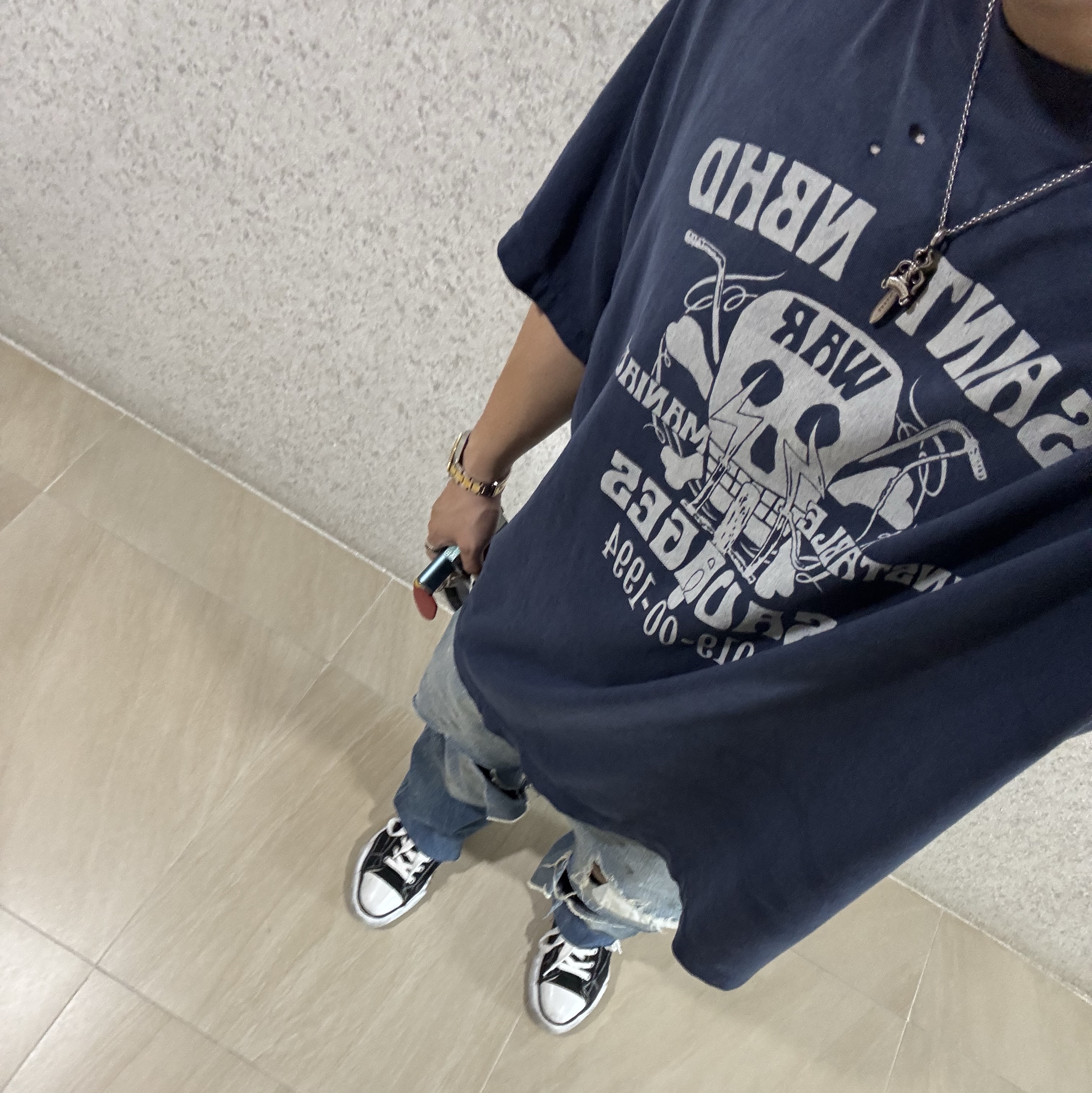Neighborhood x Saint Mxxxxxx STHD Saint NBHD T-Shirt Navy - 25SS 착용 스타일